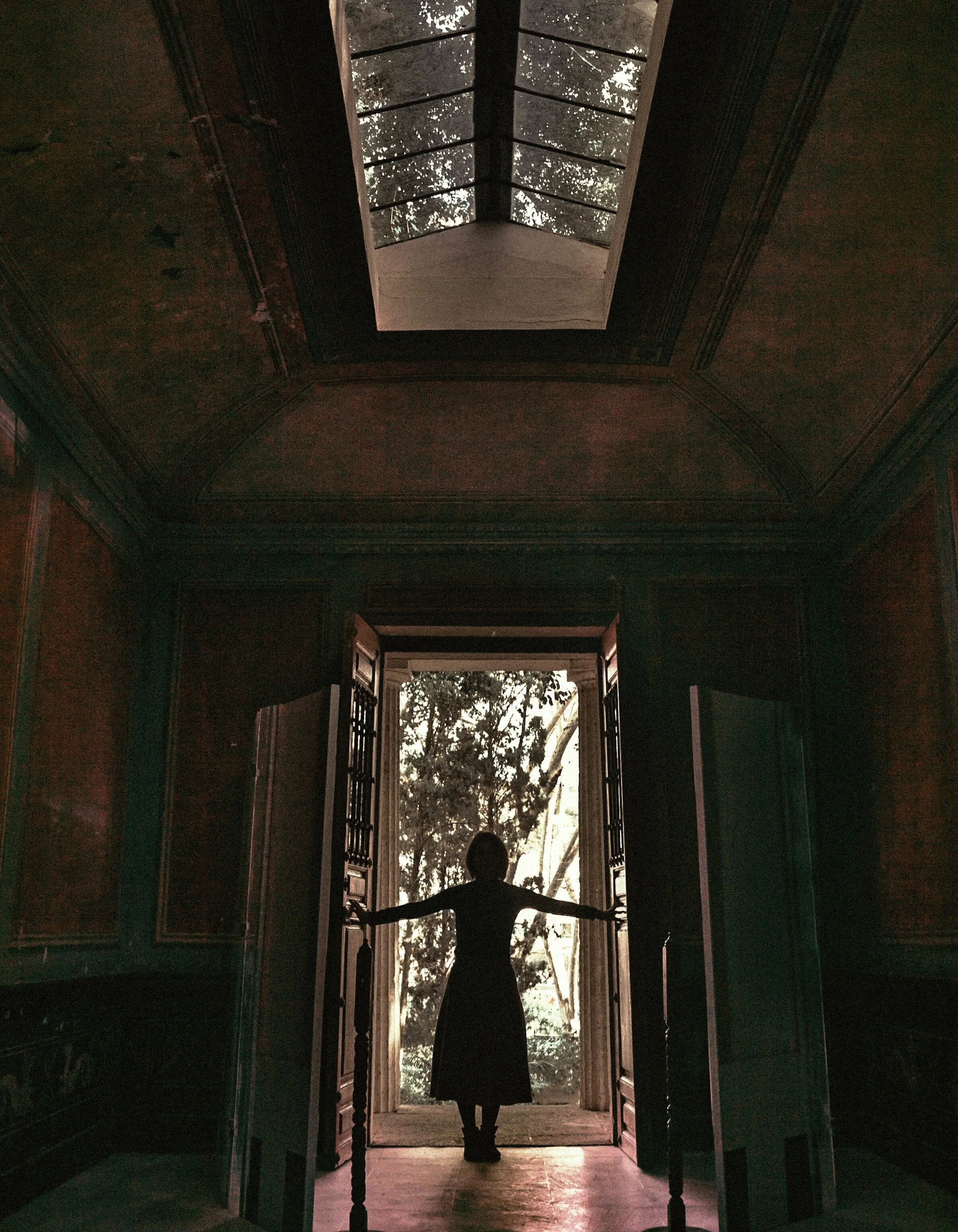 A silhouetted woman standing in an open doorway, looking out toward light and trees beyond.