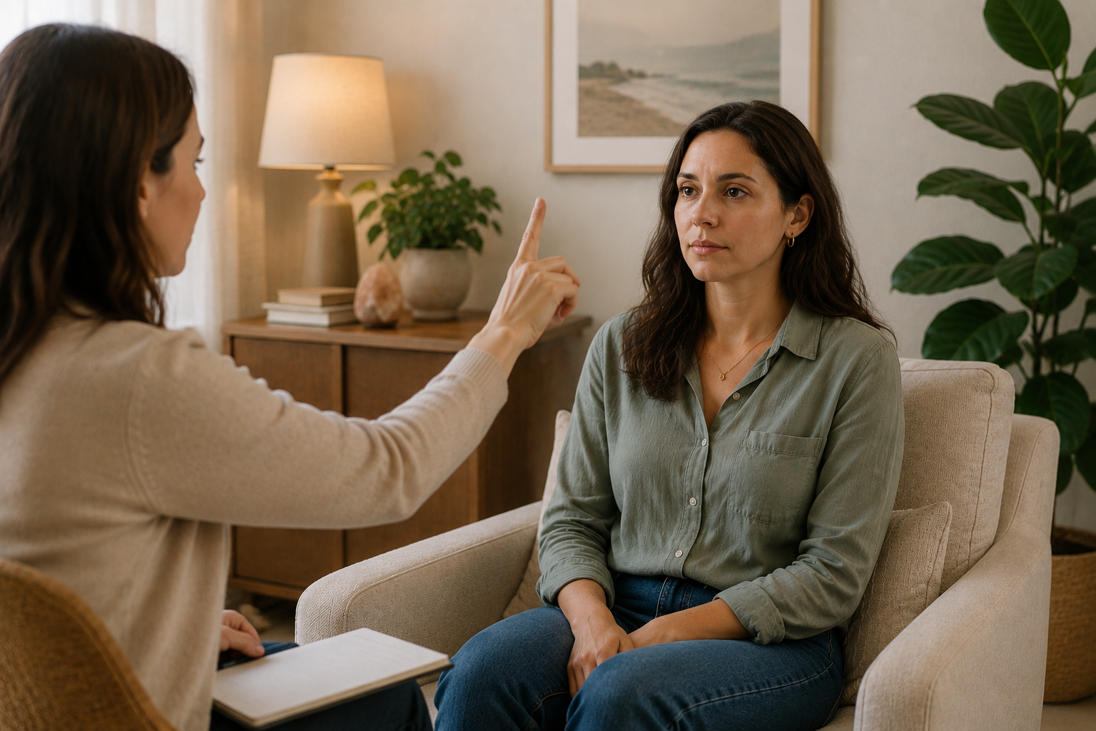 Therapist guiding a client through EMDR eye movements during a counselling session.