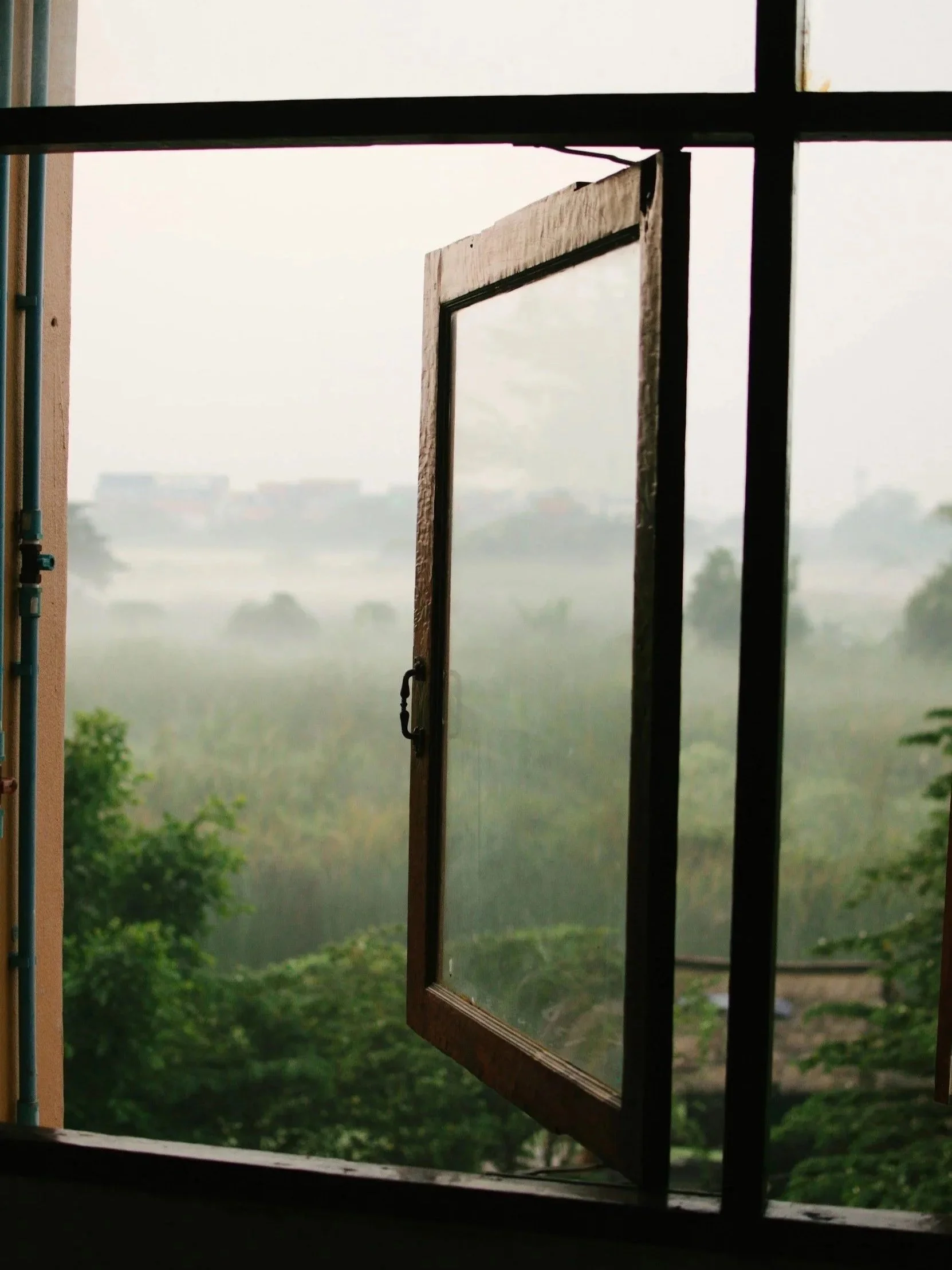 Open window overlooking a green landscape on a misty day