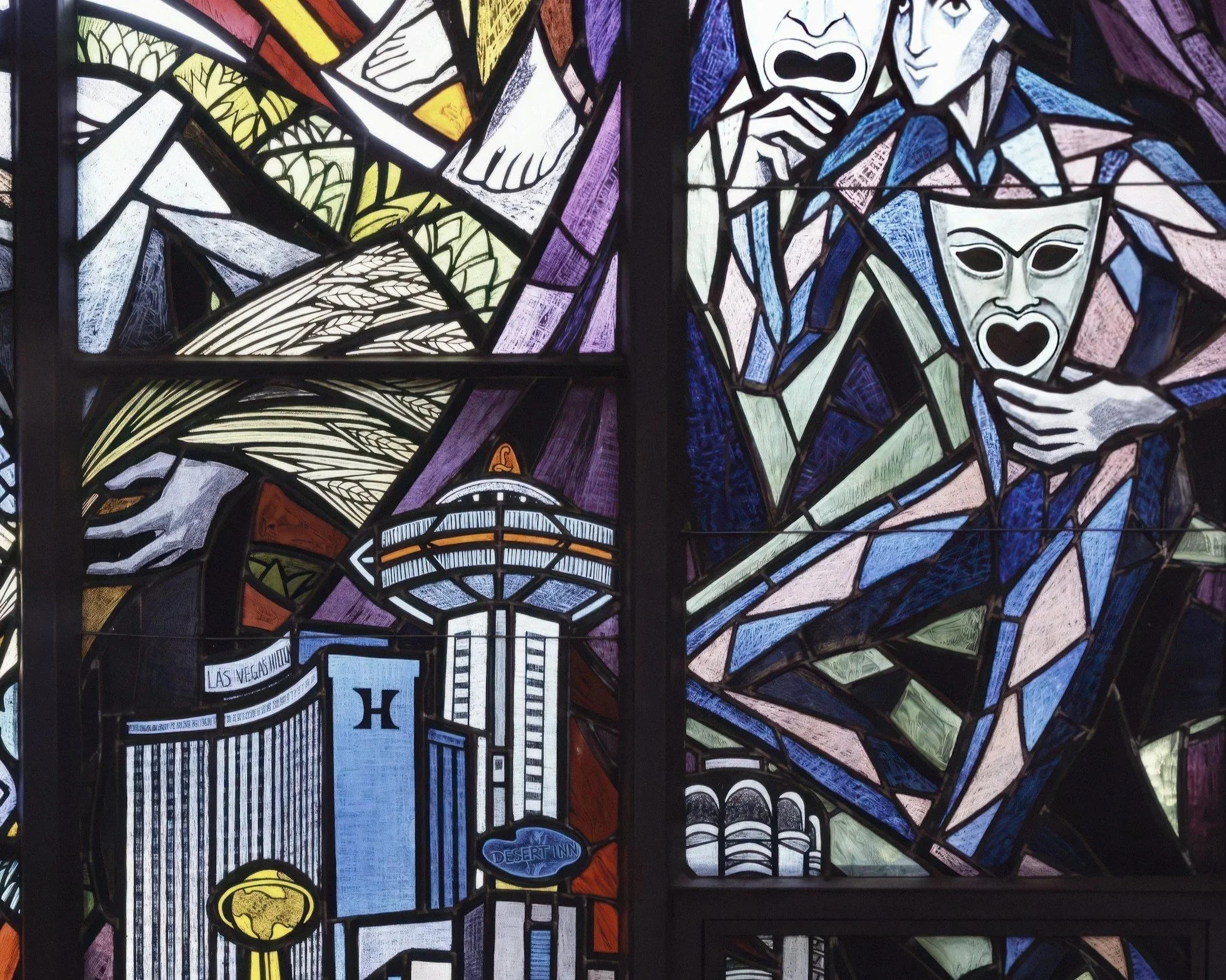 an image made out of glass depicting a person with two masks symbolising the mask the glass child is forced to wear
