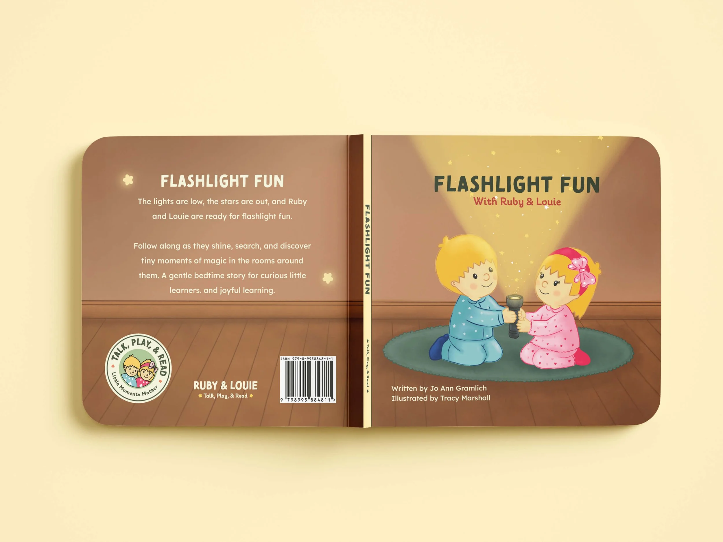 Full cover mockup of Flashlight Fun with Ruby and Louie holding a flashlight in a cozy bedtime scene.