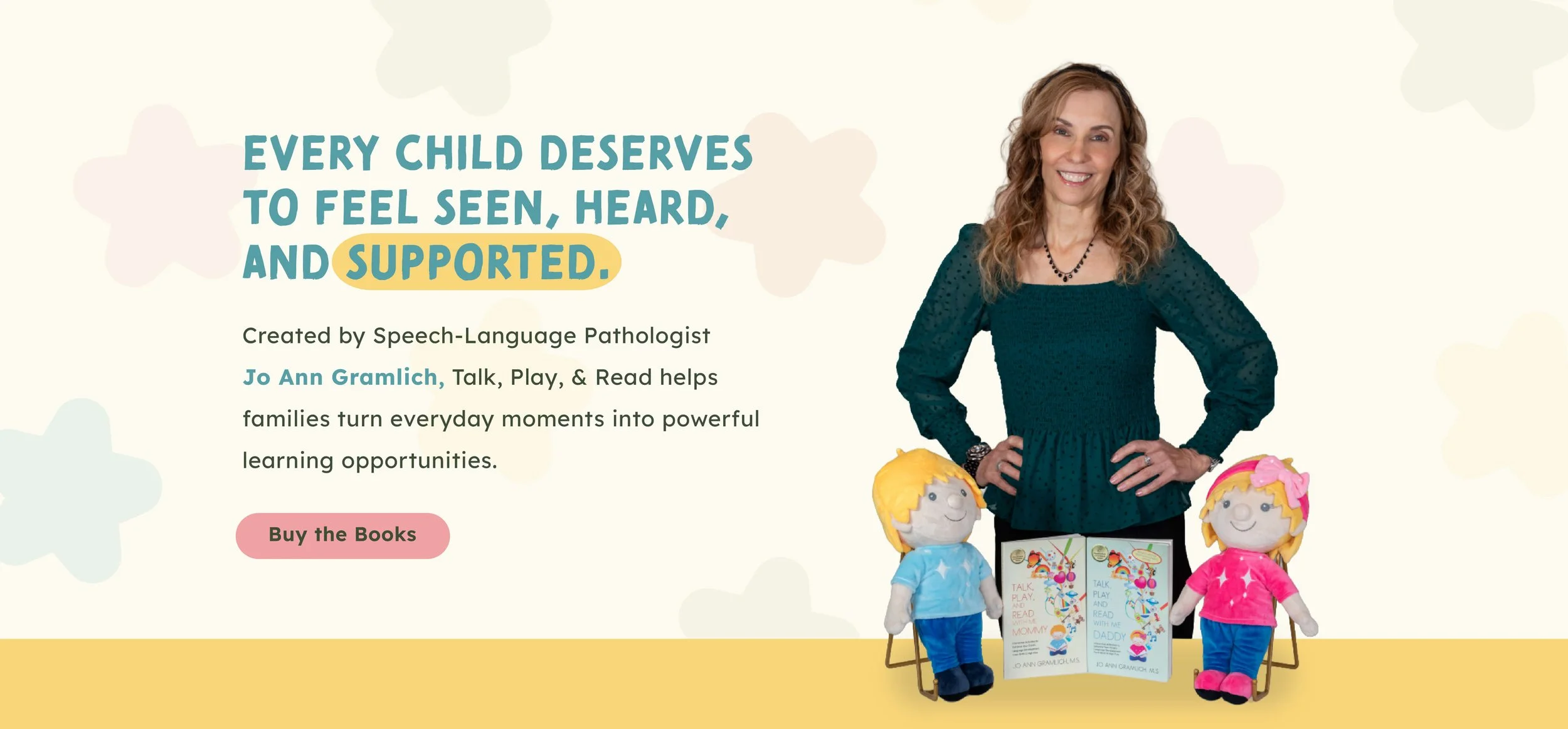Talk, Play, & Read website section with a smiling speech-language pathologist, Ruby and Louie plush dolls, and children’s books.