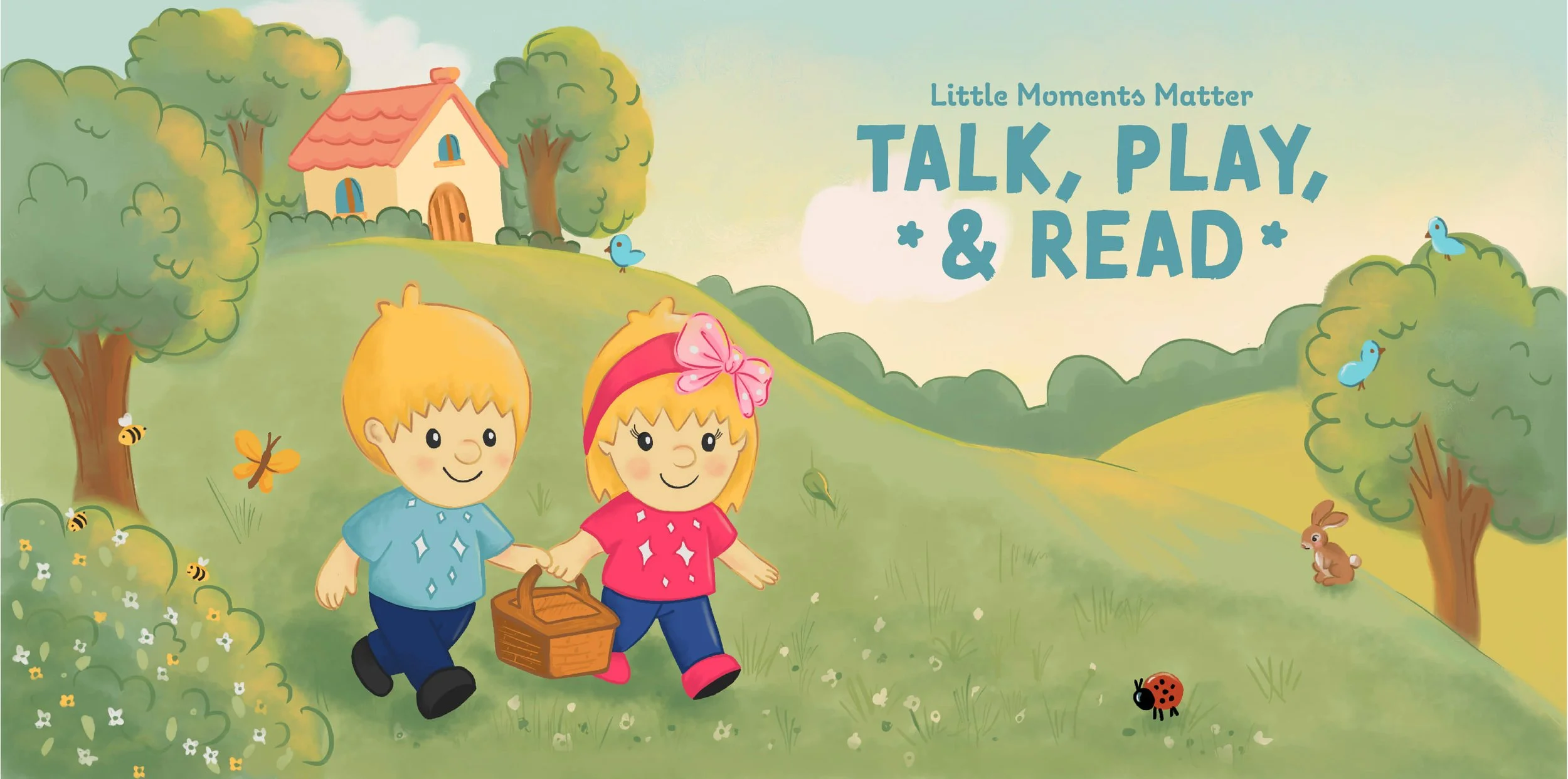 Ruby and Louie walking through a soft green storybook landscape with a picnic basket, flowers, birds, bees, a rabbit, and the Talk, Play, & Read logo.
