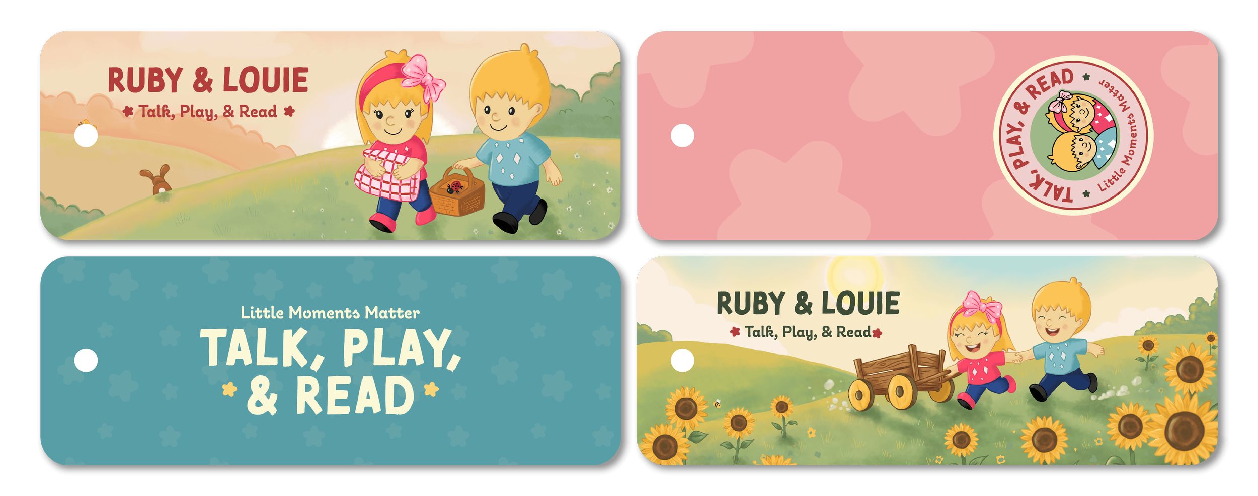 Set of Ruby and Louie bookmark designs with playful outdoor illustrations, brand patterns, and Talk, Play, & Read logo elements.
