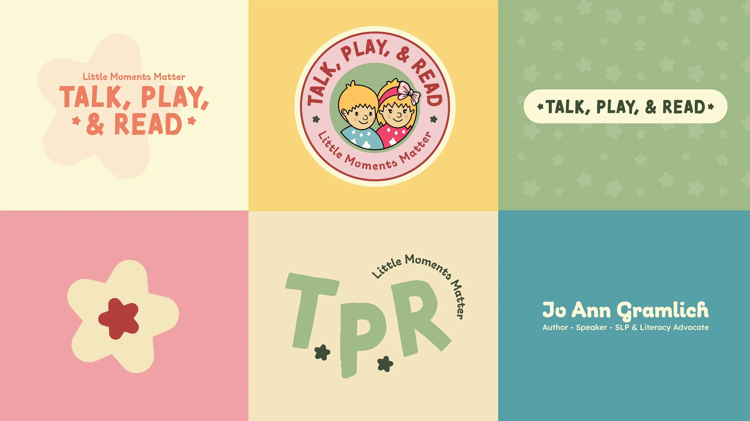 Talk, Play, & Read brand board showing logo marks, patterns, typography, and Jo Ann Gramlich’s author and speaker identity.