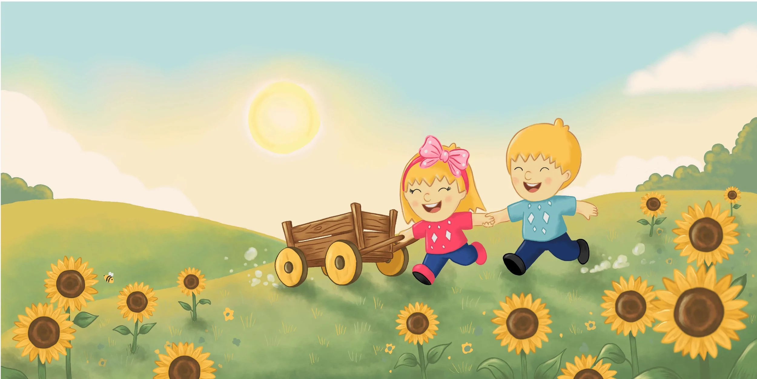 Ruby and Louie laughing and running through a sunny field of sunflowers while pulling a small wooden wagon.