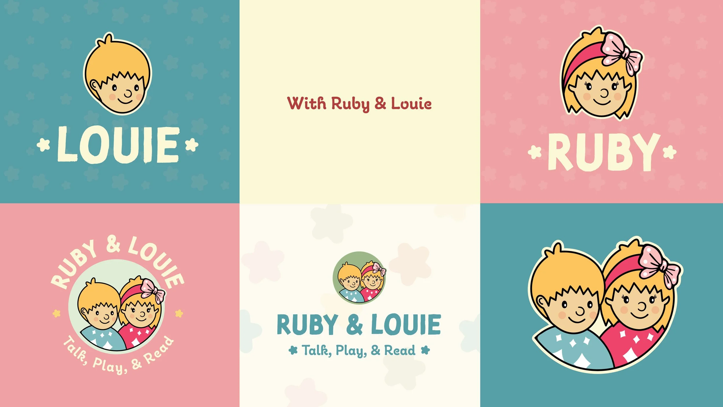 Ruby and Louie brand logo variations featuring illustrated character faces, playful lettering, and soft pink, blue, and cream backgrounds.
