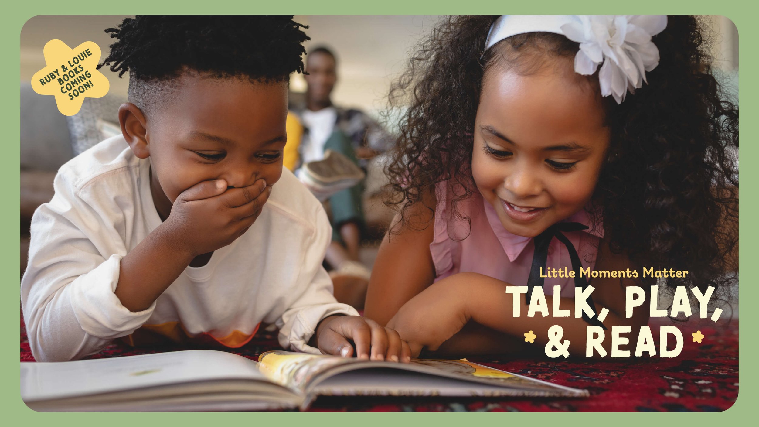 Talk, Play, & Read promotional graphic with two children smiling and reading a book together.
