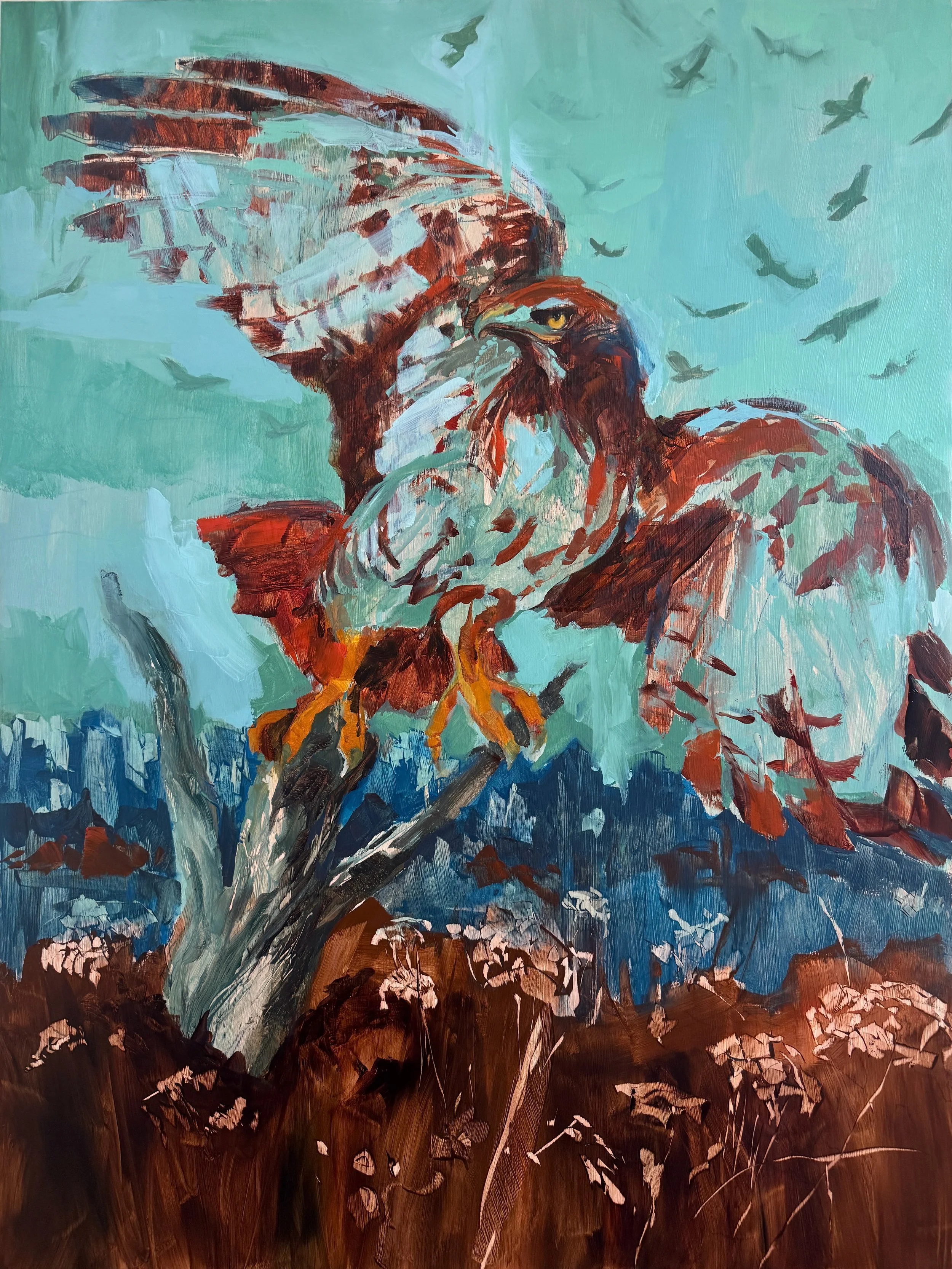 Two Skies - Red Tailed Hawk, 2026, 40 x 30 in, oil on birch panel