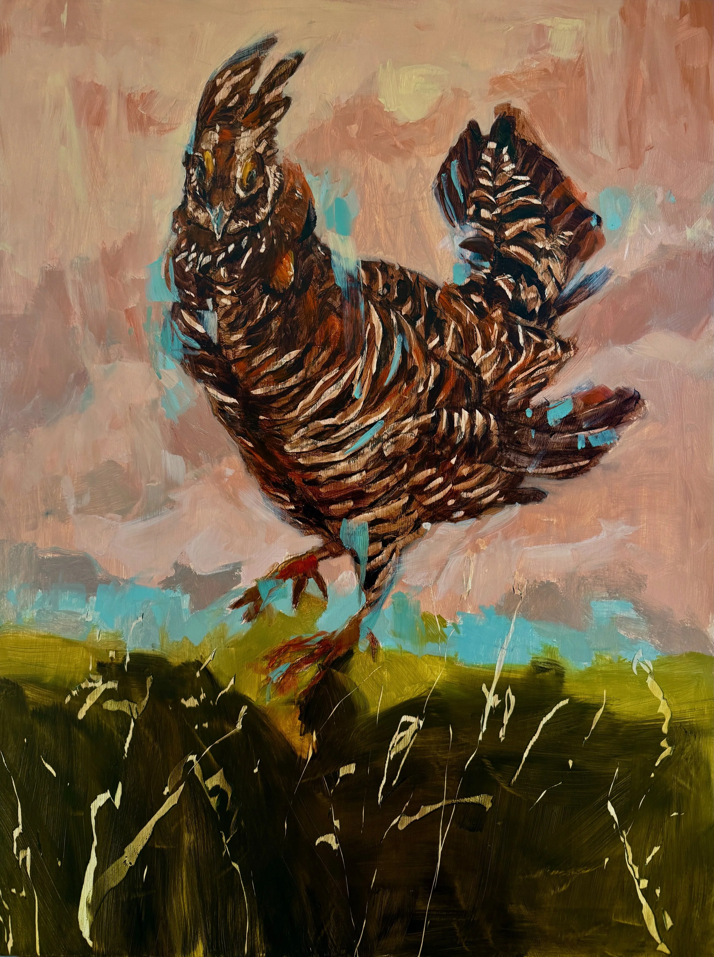 Two Skies - Prairie Chicken, 2026, 40 x 30 in, oil on birch panel