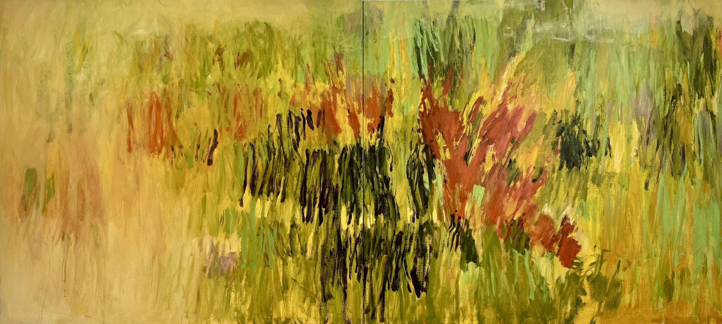 Disturbance, 2026, 40 x 88 in, diptych Flashe and oil on canvas