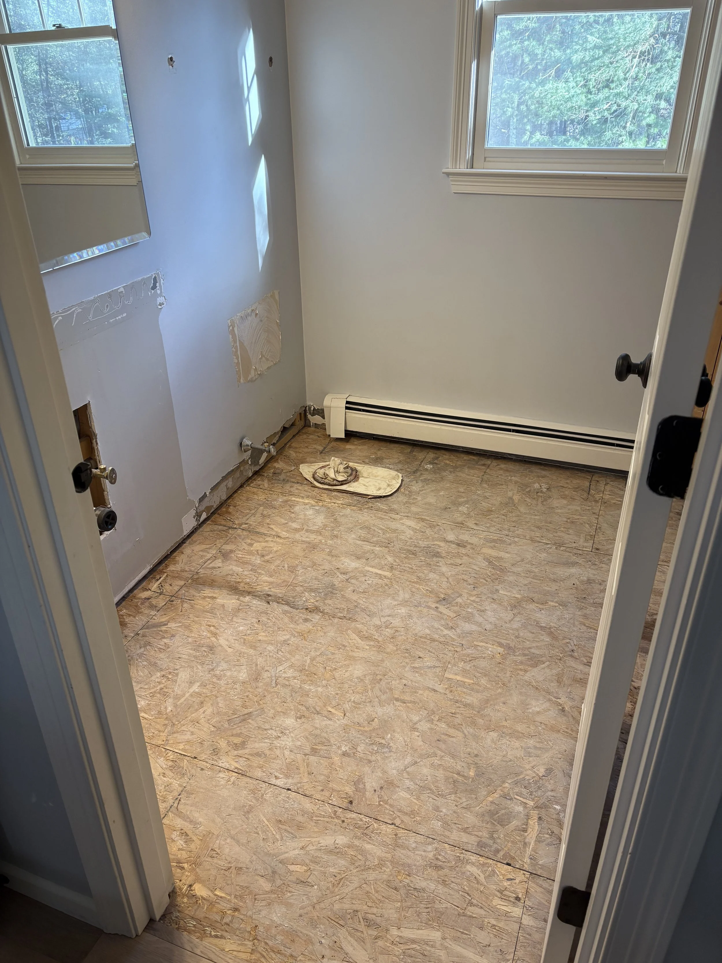 Bathroom demolition in progress during Kingston MA remodel by MSDG Construction