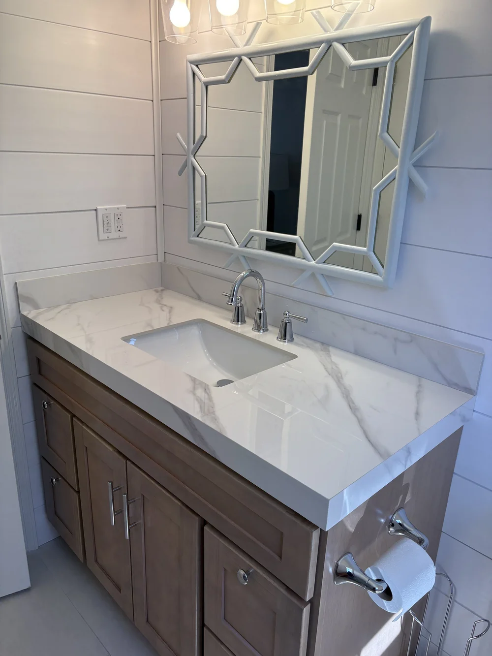 Bathroom vanity and mirror in Kingston, MA bathroom remodel by MSDG Construction