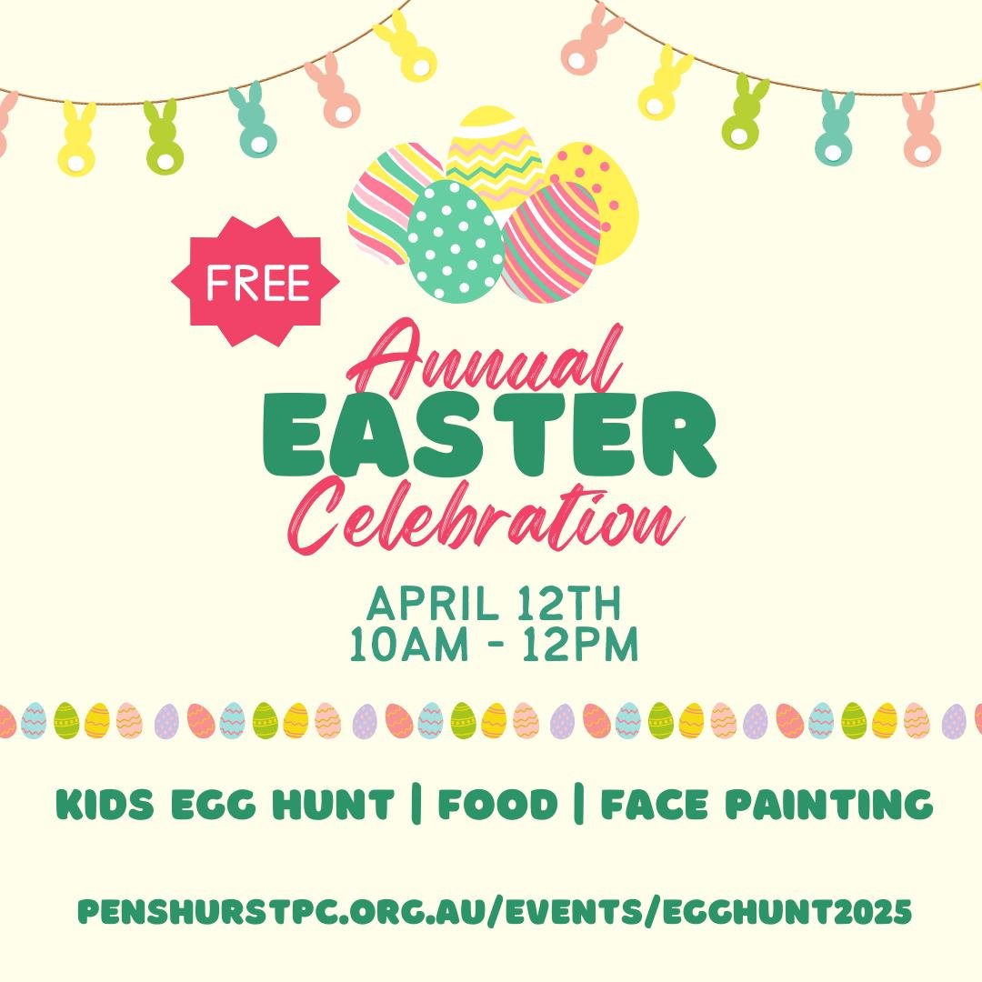 Join us for our annual kids&rsquo; Easter egg hunt!

To help celebrate Easter, we're welcoming kids (pre-school aged to year three) to join us for a FREE Easter Egg Hunt. All hunters leave with a goody bag of chocolate eggs!

We&rsquo;ll also have:
-