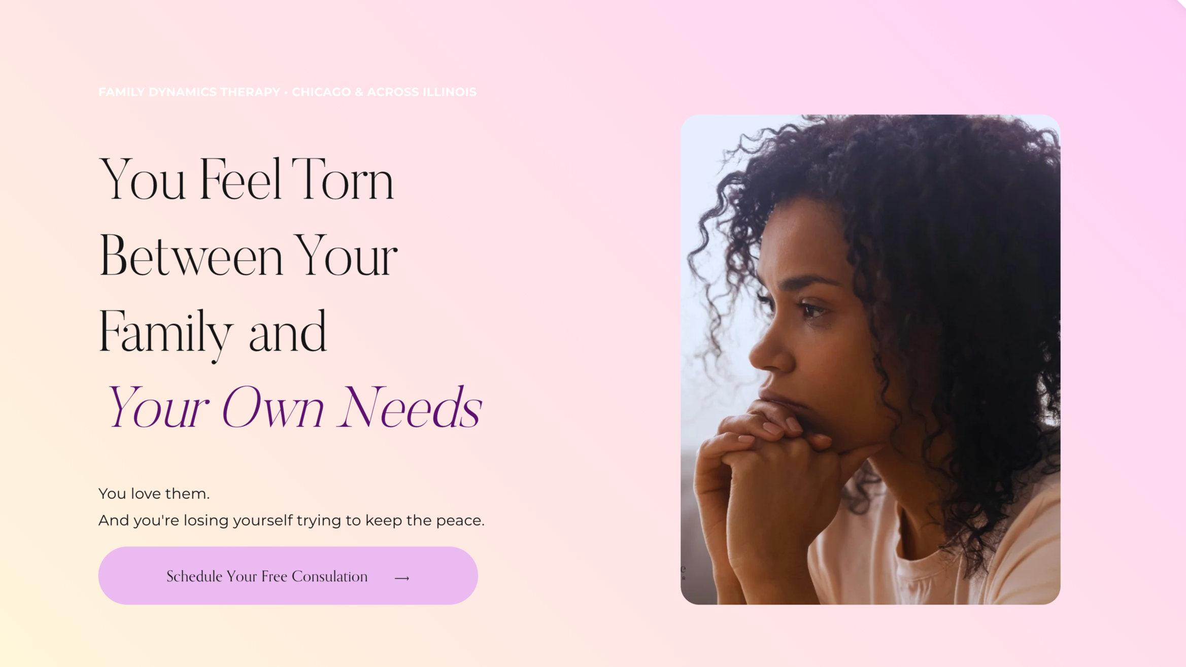 A woman with curly hair resting her chin on her hand, contemplating, with a soft pink and beige gradient background and text about family therapy on the left side.