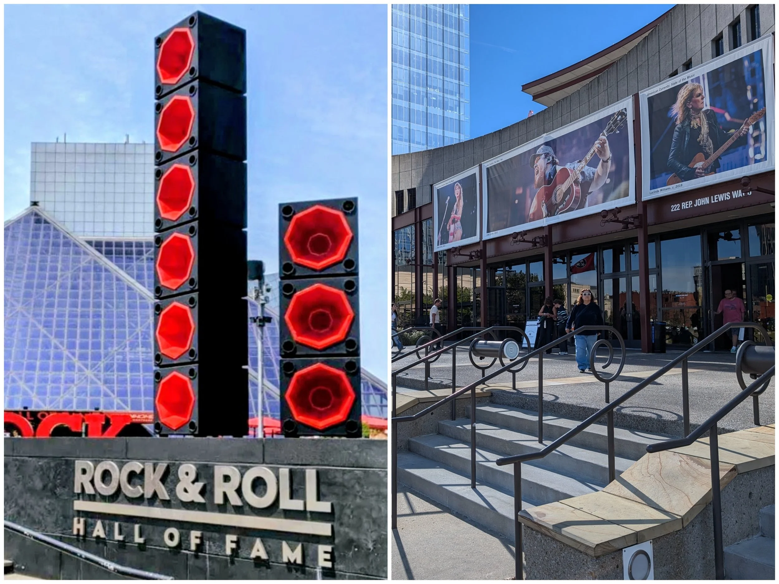  (left photo) Rock and Roll Hall of Fame, Cleveland, Ohio, 2021.  (right photo) Country Music Hall of Fame & Museum, Nashville, Tennessee 2024.