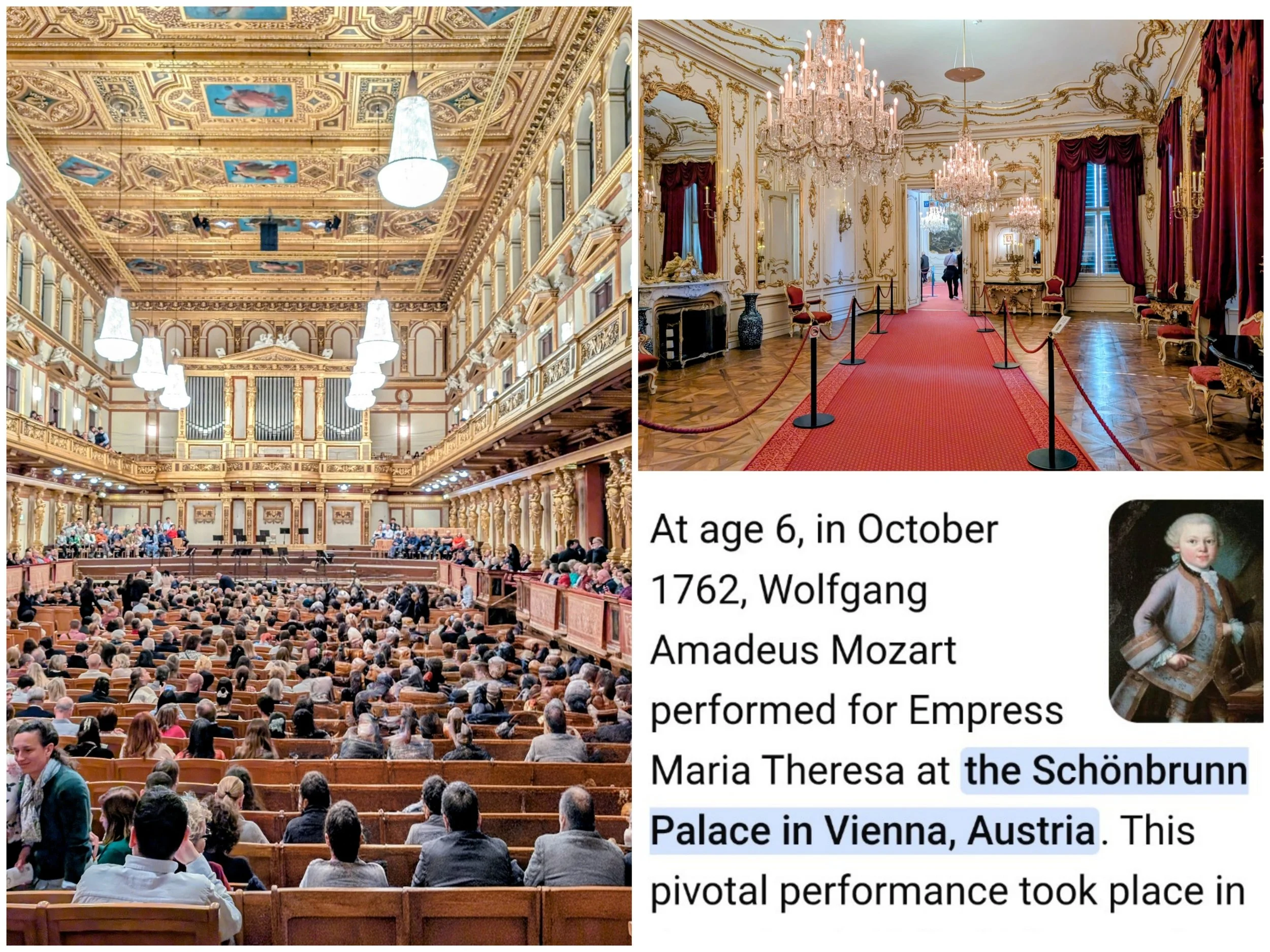 (left photo) A concert at the Musikverein in Vienna, also known as the Golden Hall. 
(Right photot) Visiting Schonbrunn Palace,  
at the Hall of Mirrors, where the 6-year-old Mozart played for Empress Theresa. 
Austria is widely considered one of the