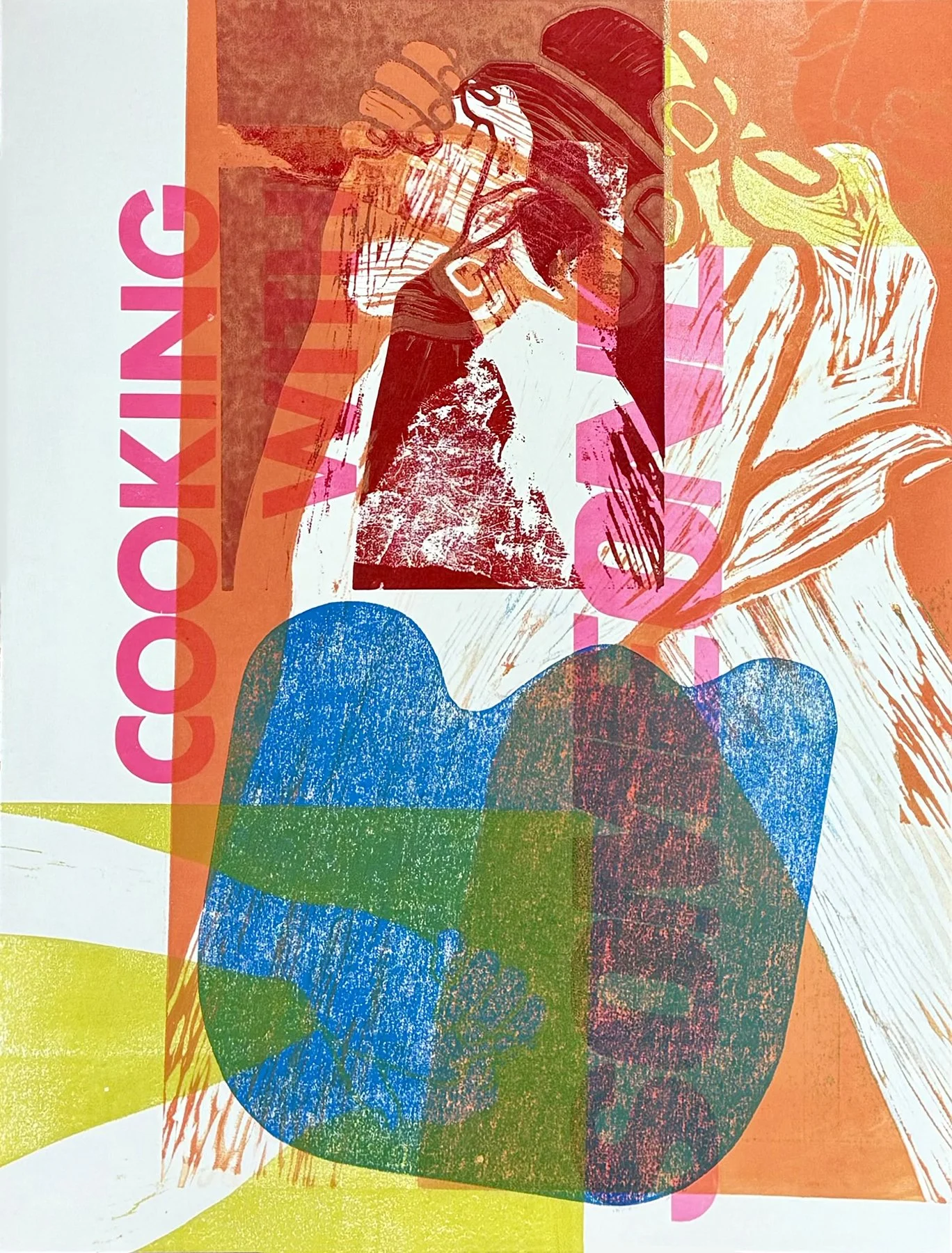 Cooking With Someone I, 2026, letterpress,
relief, linoleum, mono print and recycled paper, 25 × 19 inches (63.5 x 48.26 cm)