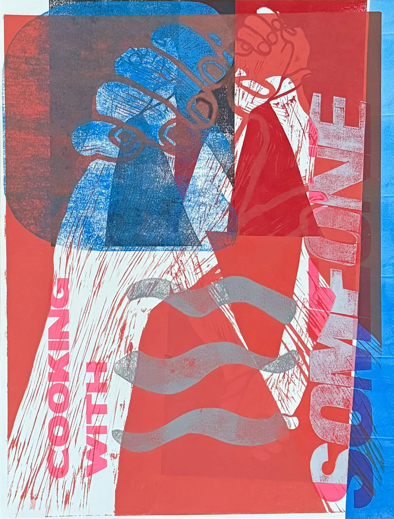 Cooking With Someone II, 2026, letterpress,
relief, linoleum, mono print and recycled paper, 25 × 19 inches (63.5 x 48.26 cm)