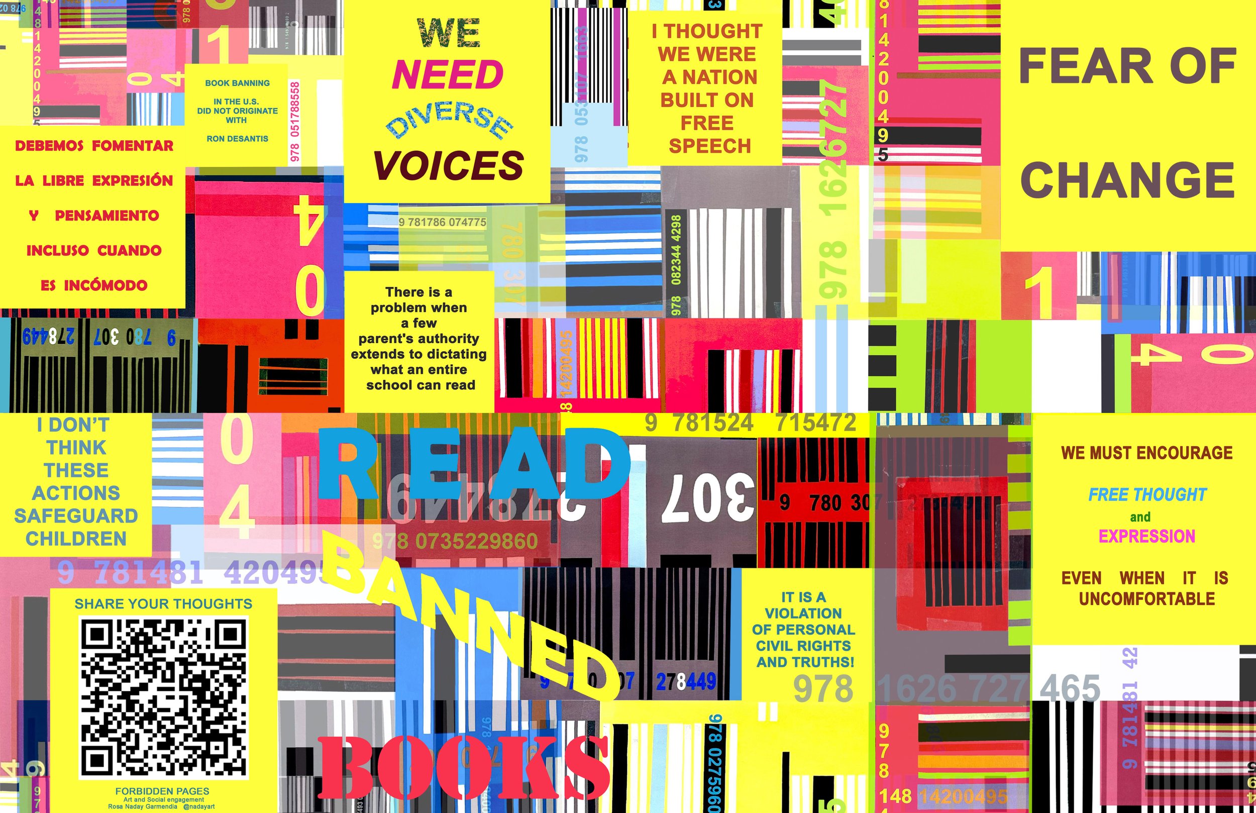 Image of open 8-page zine that collects and while sharing  responses in English, Spanish and Haitian Creole from the Voices on Banned Books survey, transforming community reflections on censorship, free expression, and cultural diversity into a colle