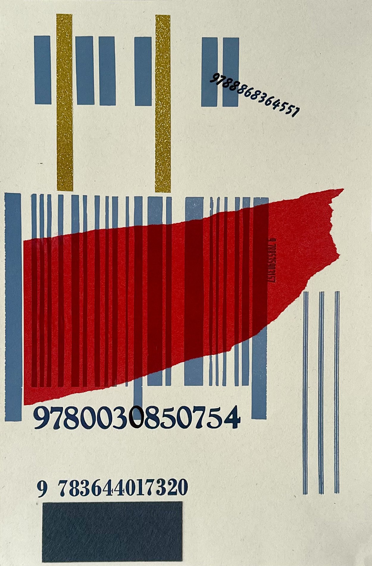 Forbidden Pages: Vertical Blues & ISBN Ensemble, 2024
19” H x 12.5” W (48.26 x 31.75 cm)
Mixed media on 100 lbs. French cardstock.
In private Collection