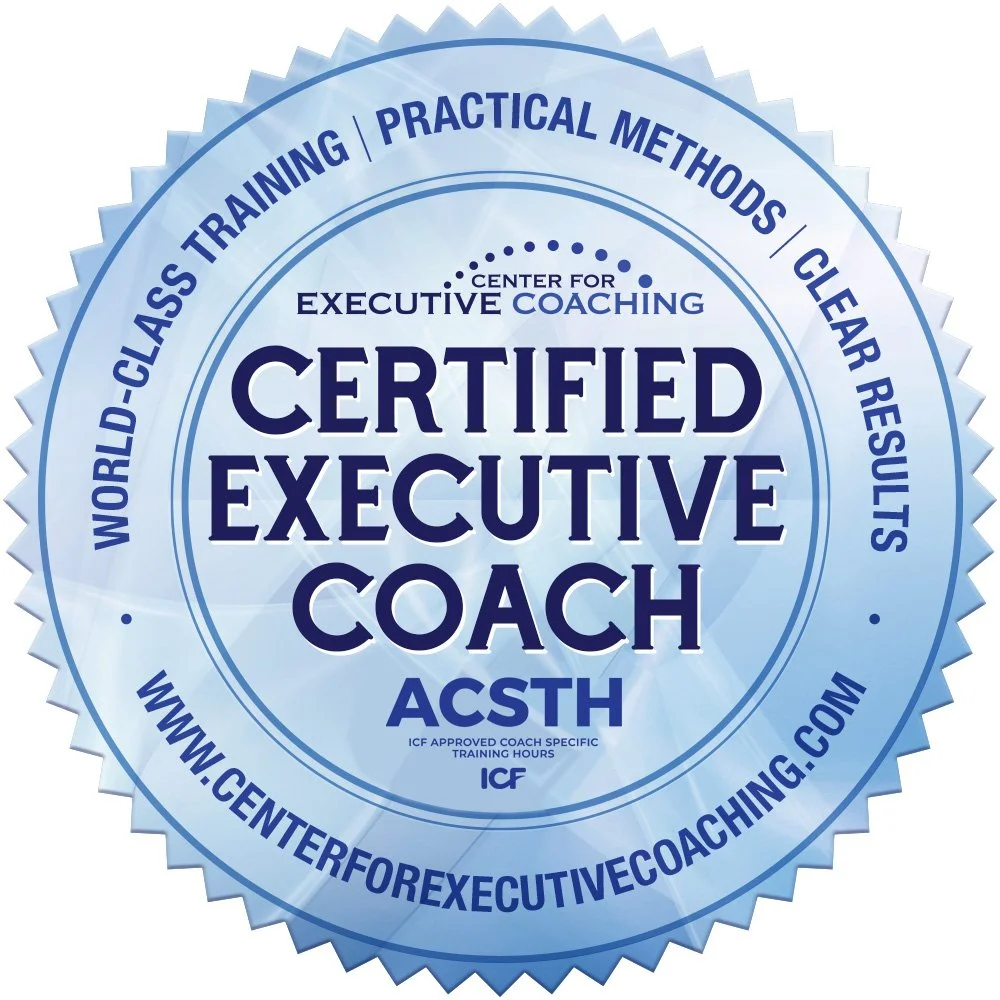 Seal with a blue gradient background that says 'Certified Executive Coach' with the acronym ACSTH, surrounded by text about executive coaching and training, including the website www.centerforexecutivecoaching.com.