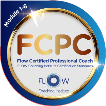 Circle logo for Flow Certified Professional Coach, module 1-6, with blue and red accents and gold rim.