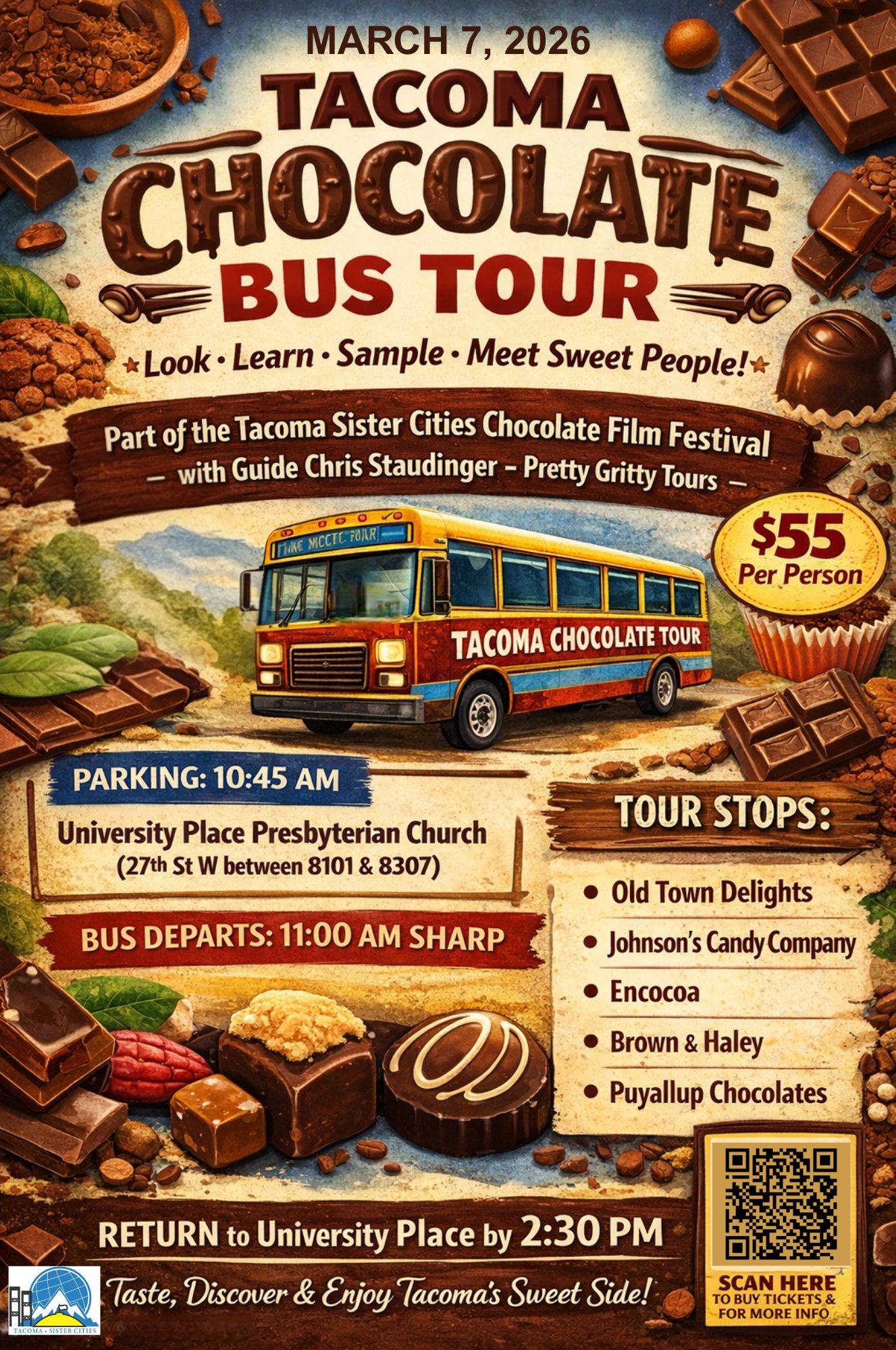 Visit https://tacomasistercities.org/international-film-festival for tickets to the TACOMA CHOCOLATE BUS TOUR and to order your film tickets the the TSC International Film Festival (March 5-15)