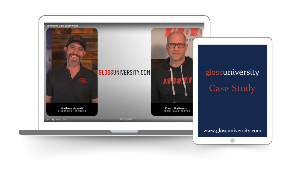 Screenshot of a video presentation on a laptop featuring two men, Mathew Arendt and David Patterson, with their names and titles displayed. There is also a tablet showing the title "Case Study" and the website www.glossuniversity.com.