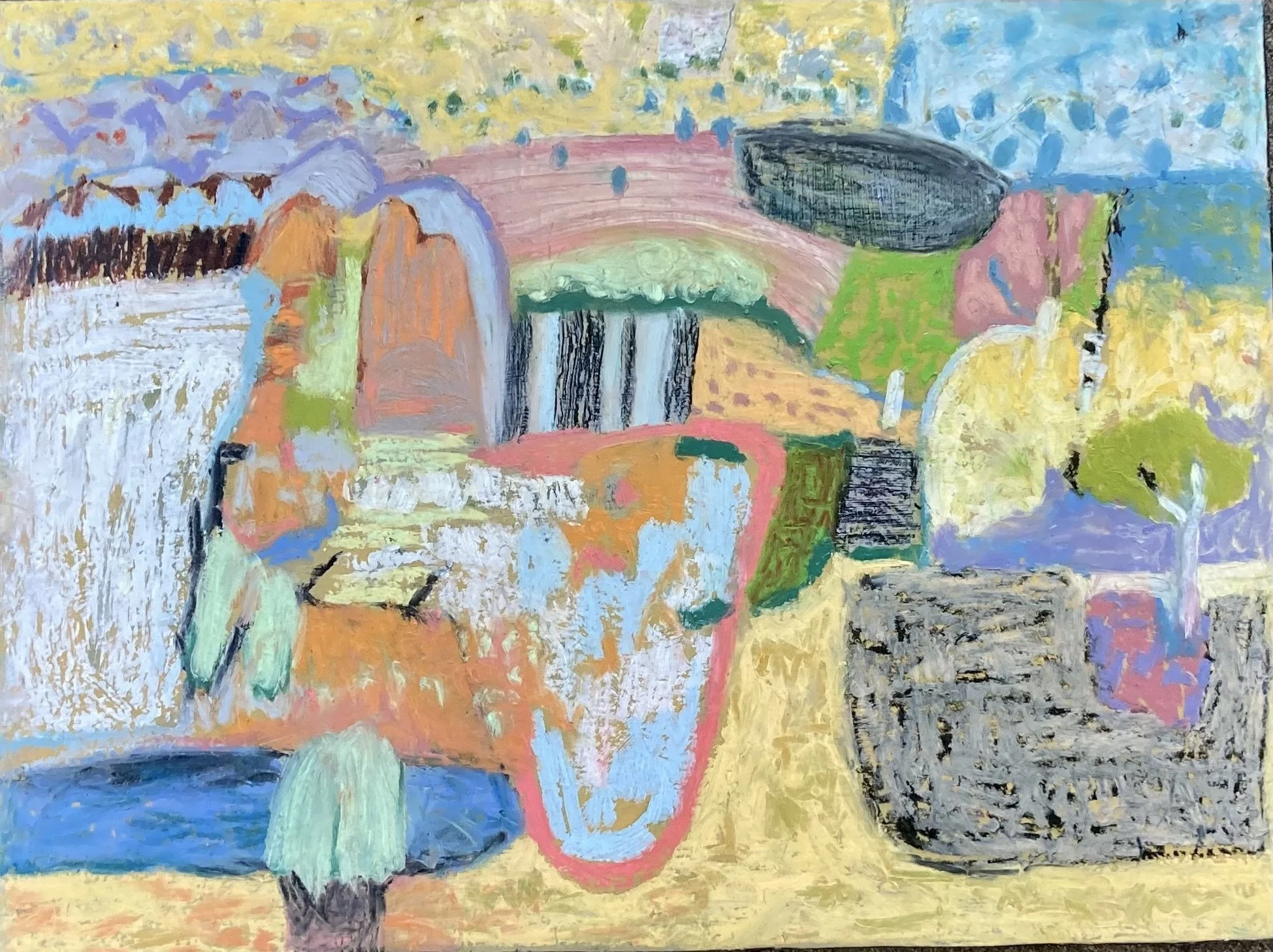 Landscape Study After EC 2   
acrylic paint and oil pastel on board  
46cm (w) x 30cm (h)  
(framed in natural pine) br 