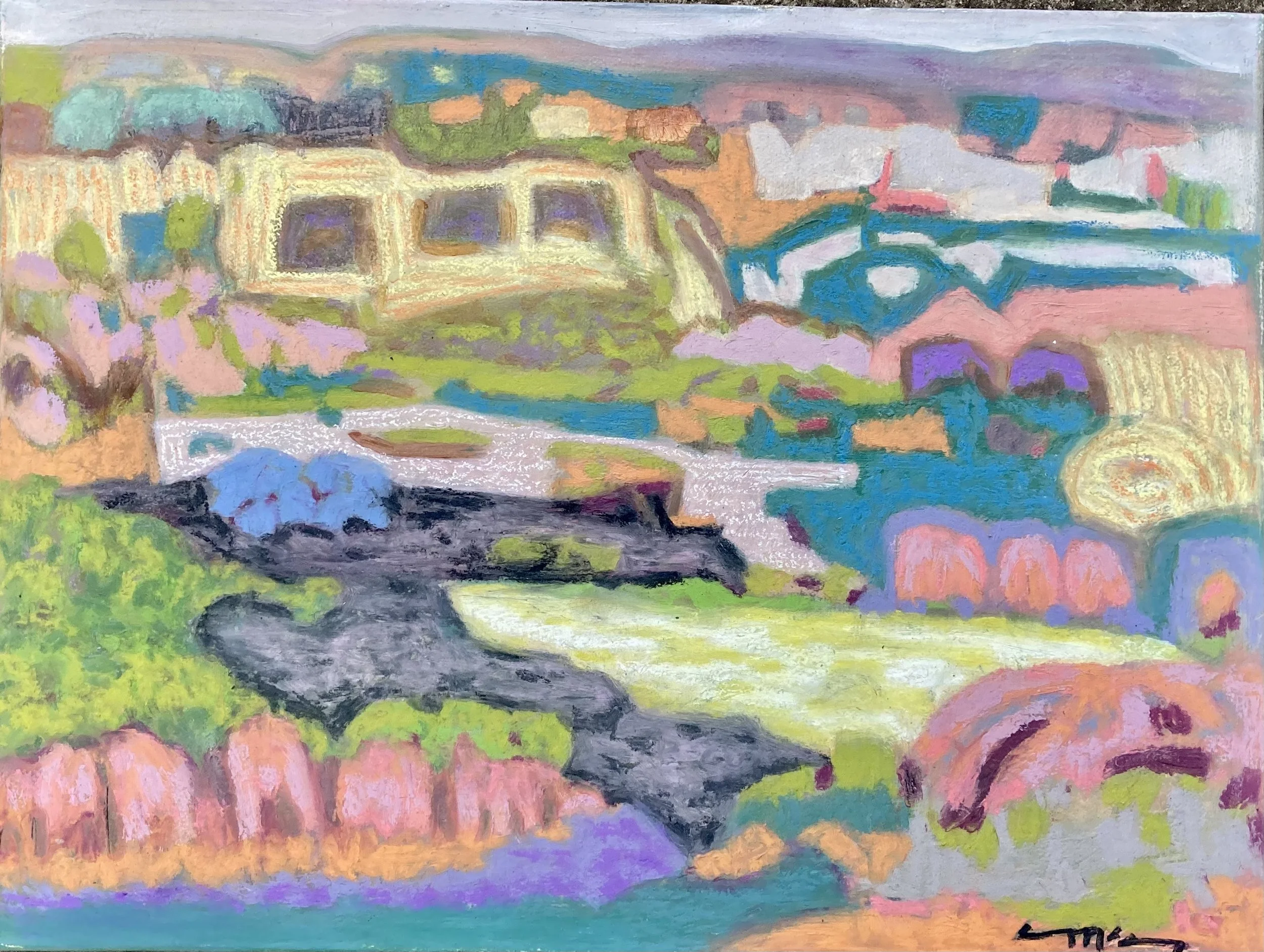 New England Tapestry  2  
acrylic paint and oil pastel on board  
46cm (w) x 30cm (h)  
(framed in natural pine) br 
sold