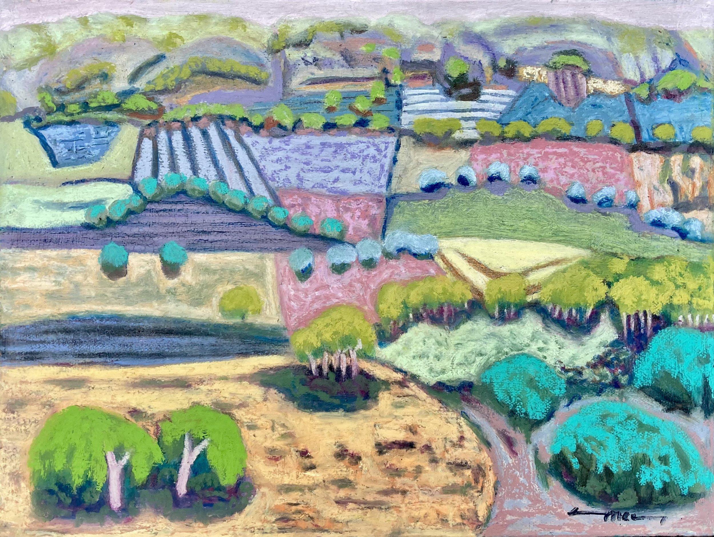 New England Tapestry 1   
acrylic paint and oil pastel on board  
46cm (w) x 30cm (h)  
(framed in natural pine) br 
sold