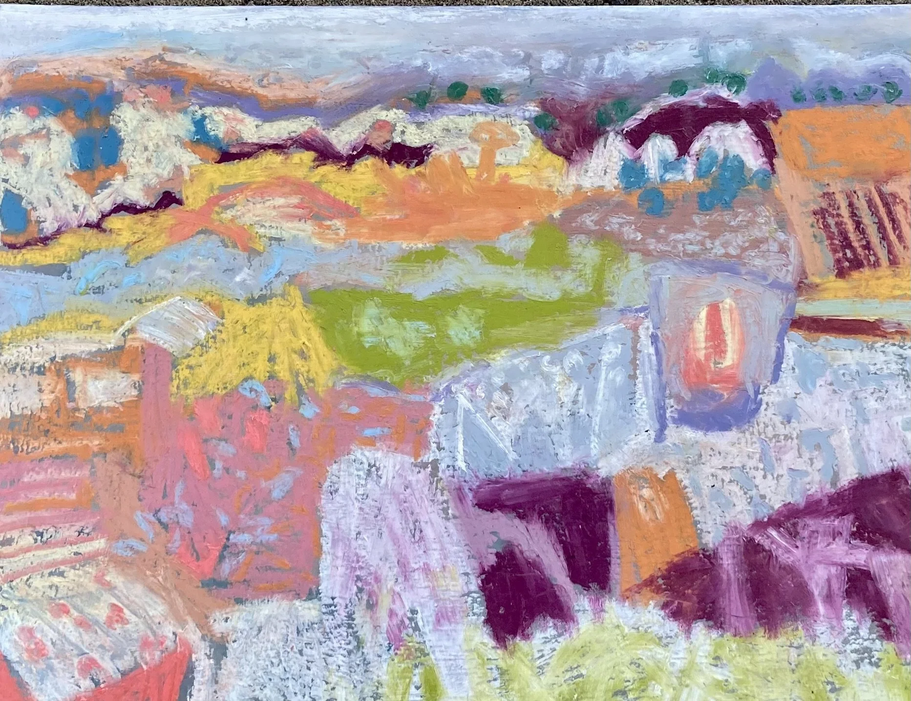 Landscape Study After EC   
acrylic paint and oil pastel on board  
46cm (w) x 30cm (h)  
(framed in natural pine) br 