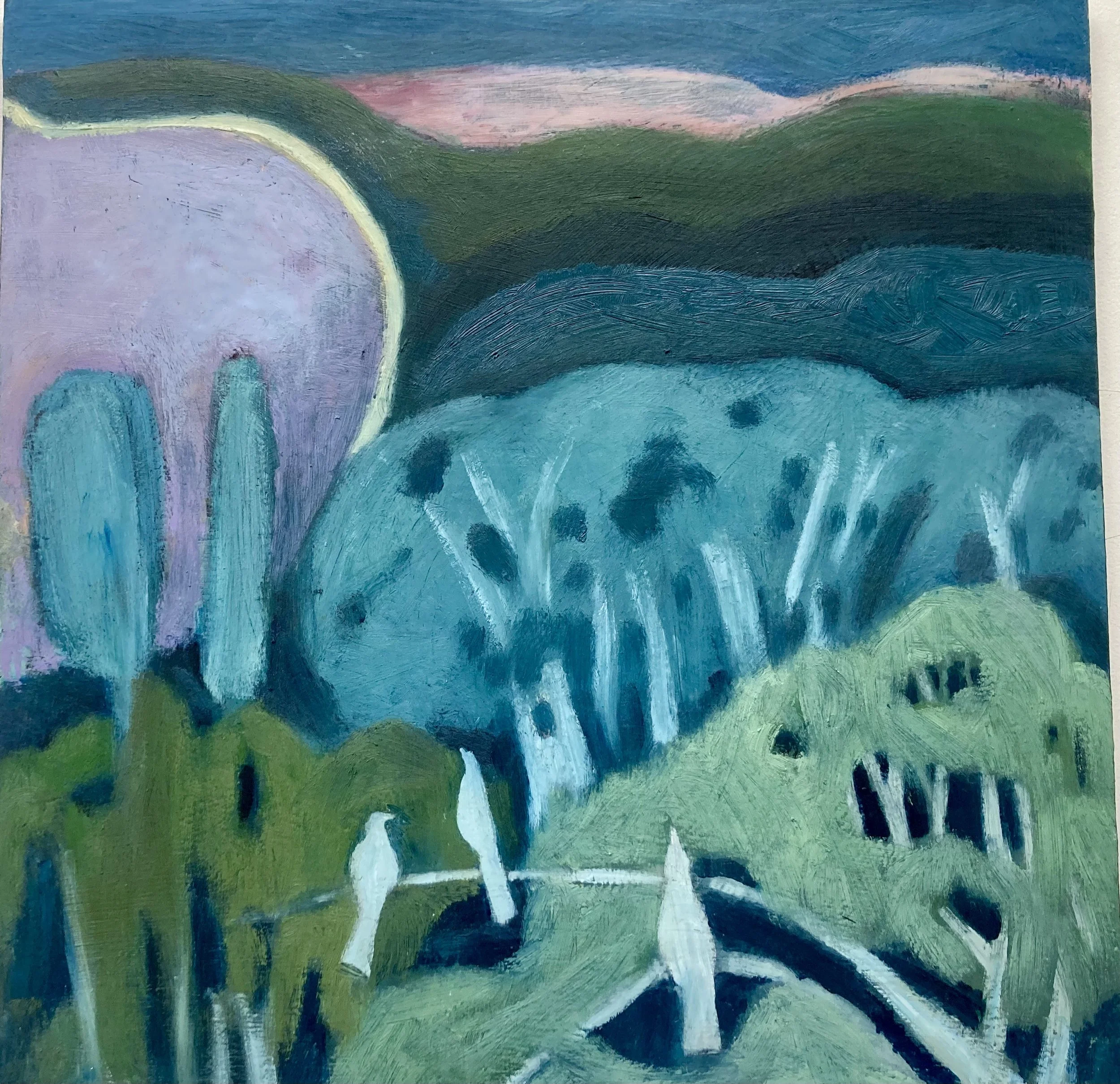 Last Light Coles Bay  
acrylic paint and oil pastel on board  
40cm (w) x 40cm h)) 
(black frame with silver edge)