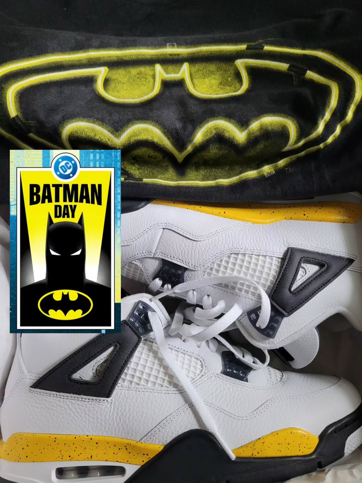 What I wore to work Friday in honor of Batman Day. Rocked my new Tour Yellow 4s. Felt like Batman running around the building, saving the day.

#BatmanDay #Batman #DCComics #Jordan4