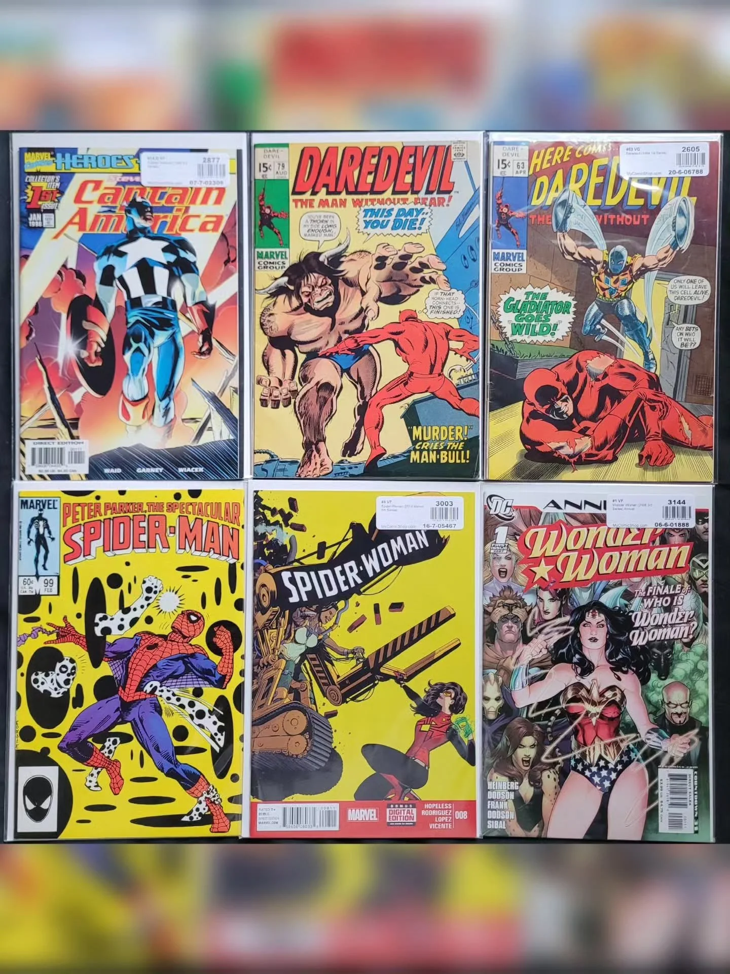 Some recent back issue additions to the collection:

Captain America 1
Daredevil 63, 79
Spectacular Spider-Man 99
Spider-Woman 8
Wonder Woman Annual 1

#comics #comicbooks #IGcomics #MarvelComics #DCComics
