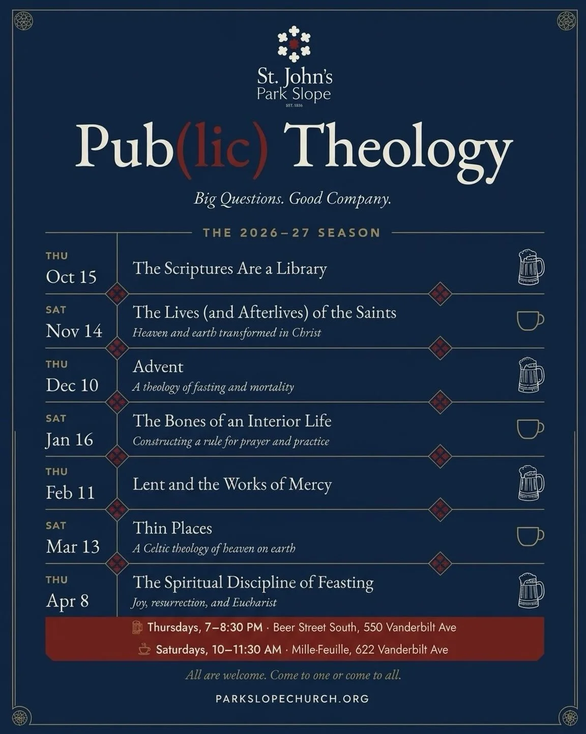 Pub(lic) Theology is back, with a little more room for everyone.

This year, we&rsquo;re taking theology to the pub and the coffee shop, alternating between evenings at Beer Street South and Saturday mornings at Mille-Feuille.

Because theology belon