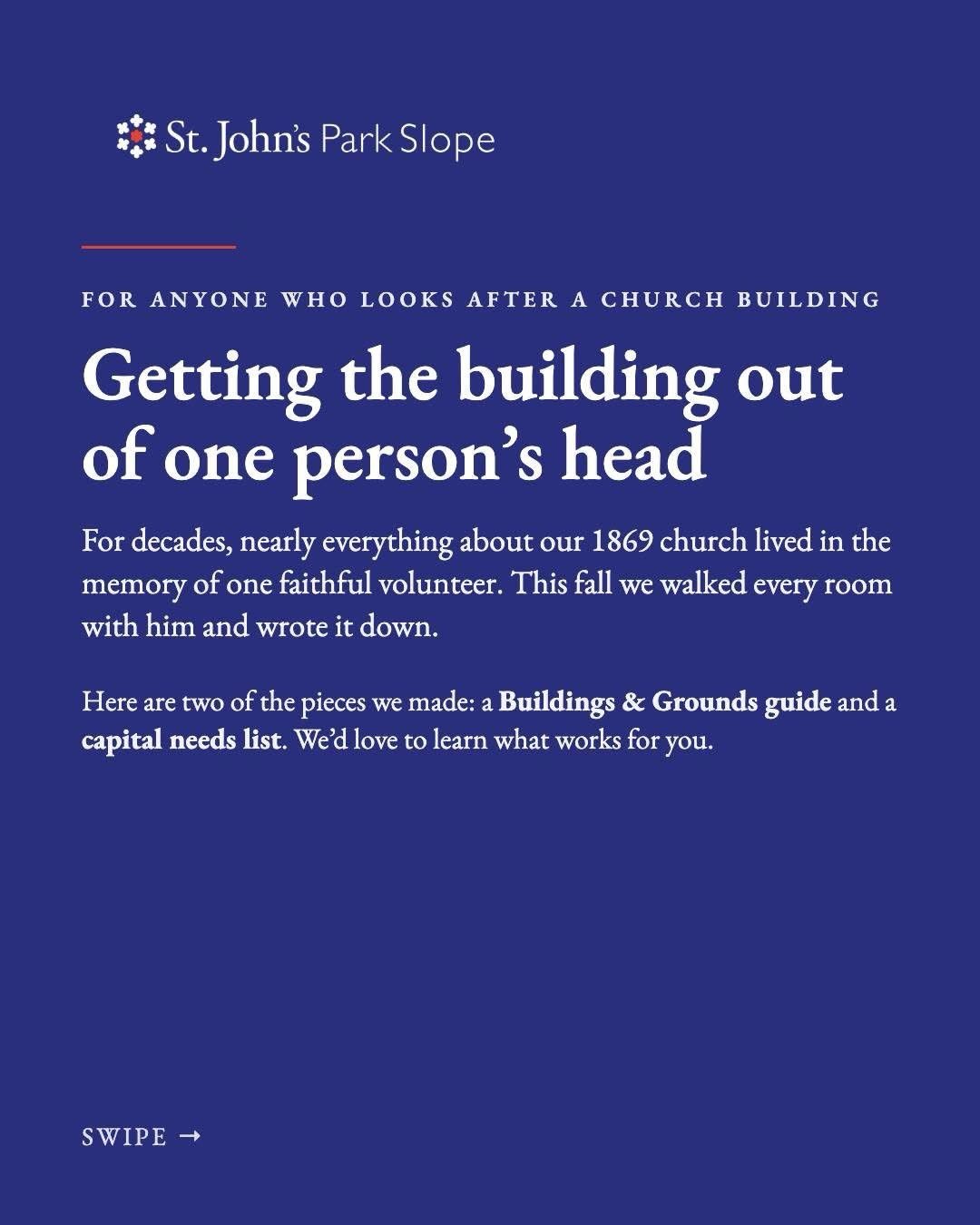 Church friends, especially anyone who looks after an old building: I&rsquo;d love to learn from you again.

For decades, nearly everything about how our 1869 church works lived in the head of one faithful volunteer, who has cared for St. John&rsquo;s