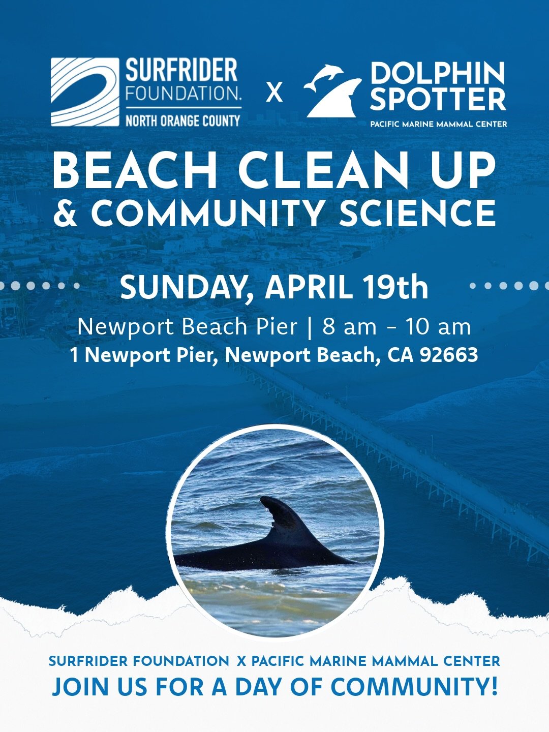 Join us for a weekend full of Earth month fun! 🌎🐬

Sunday, April 19th, we&rsquo;ll be with @surfridernorthoc at the Newport Beach Pier, cleaning up the coast and talking about PMMC&rsquo;s community science app, Dolphin Spotter! We might even spot 