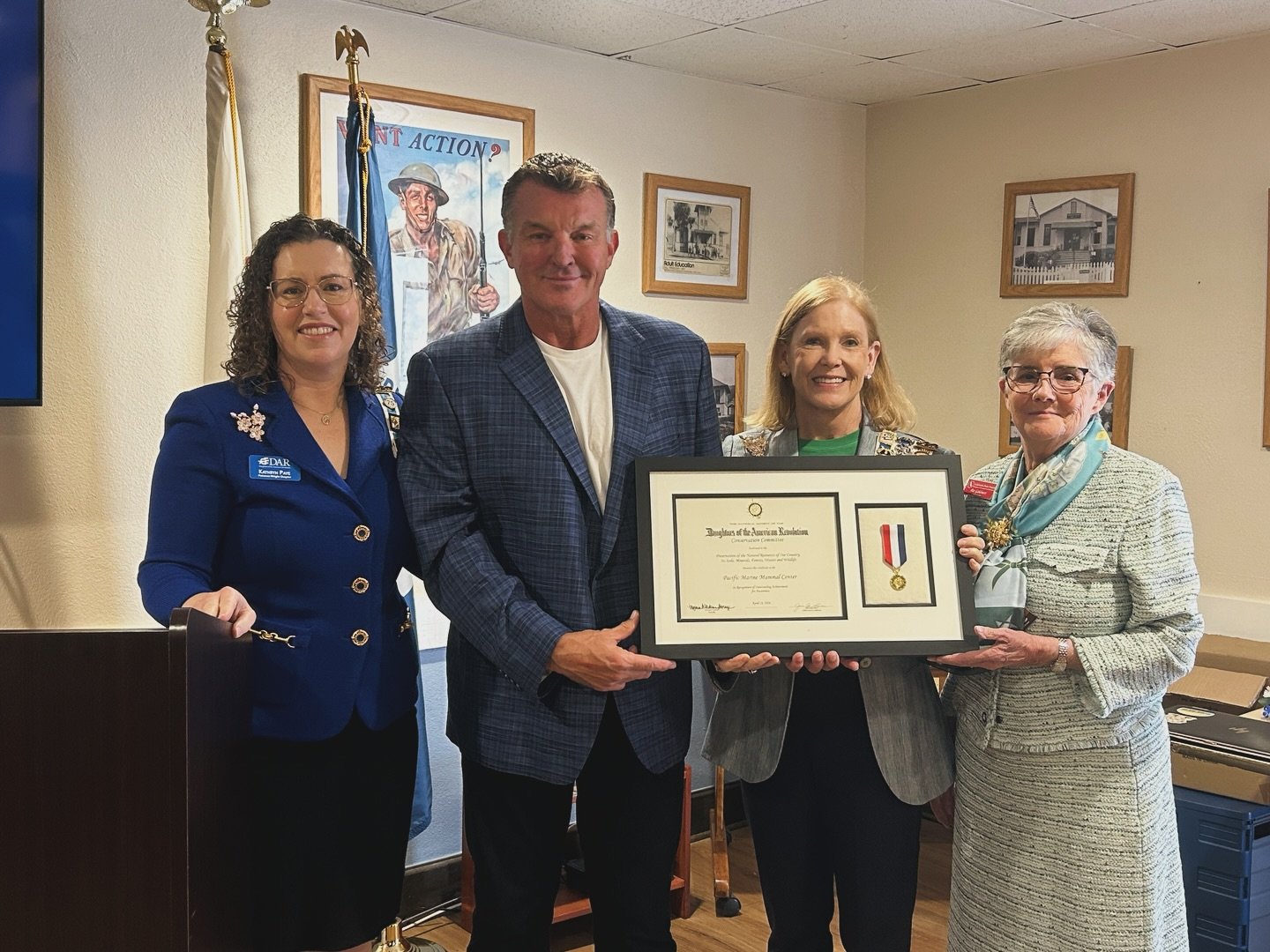 This morning, April 18th, the Patience Wright Chapter, National Society Daughters of the American Revolution (NSDAR or DAR) presented Pacific Marine Mammal Center with two awards; the NSDAR Conservation Medal, presented by Lisa Stelmar, and the Commu
