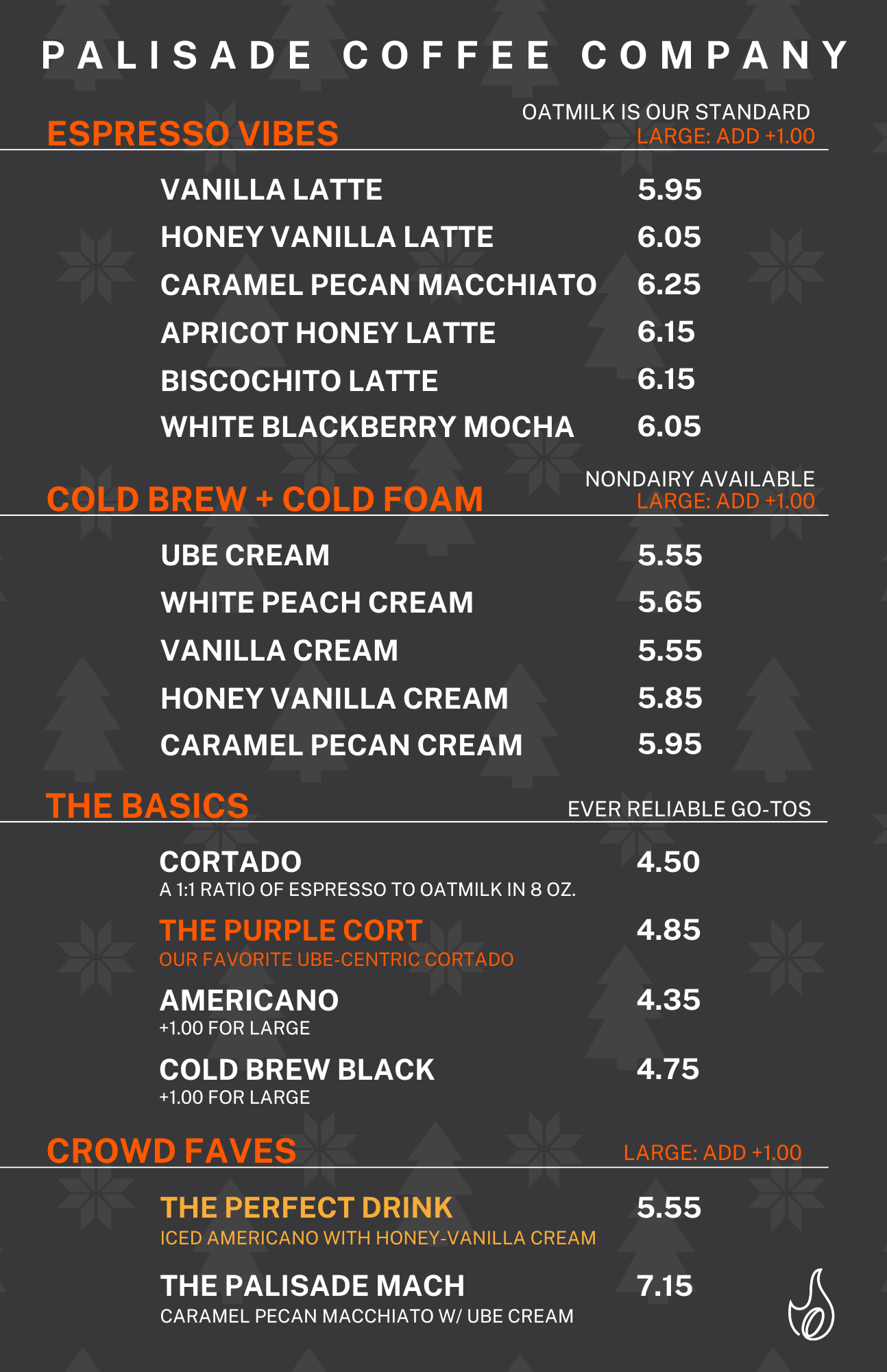 Menu from Palisade Coffee Company featuring espresso drinks, cold brew, and crowd favorites, with prices and descriptions.