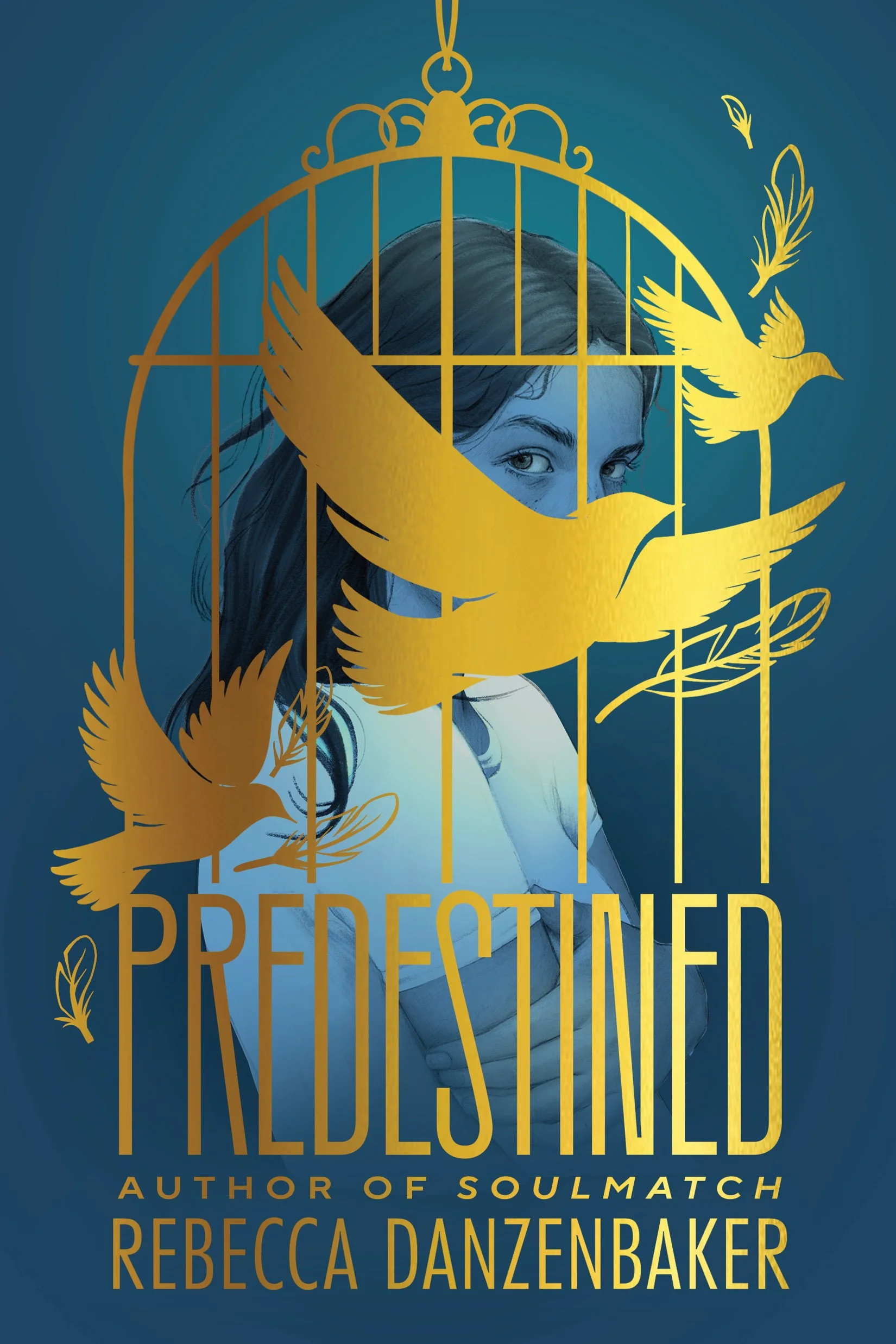 Book cover for 'Preestablished' by Rebecca Danzbaker. Features a woman's face behind a gold birdcage with flying birds and decorative elements, dark teal background, and gold text.