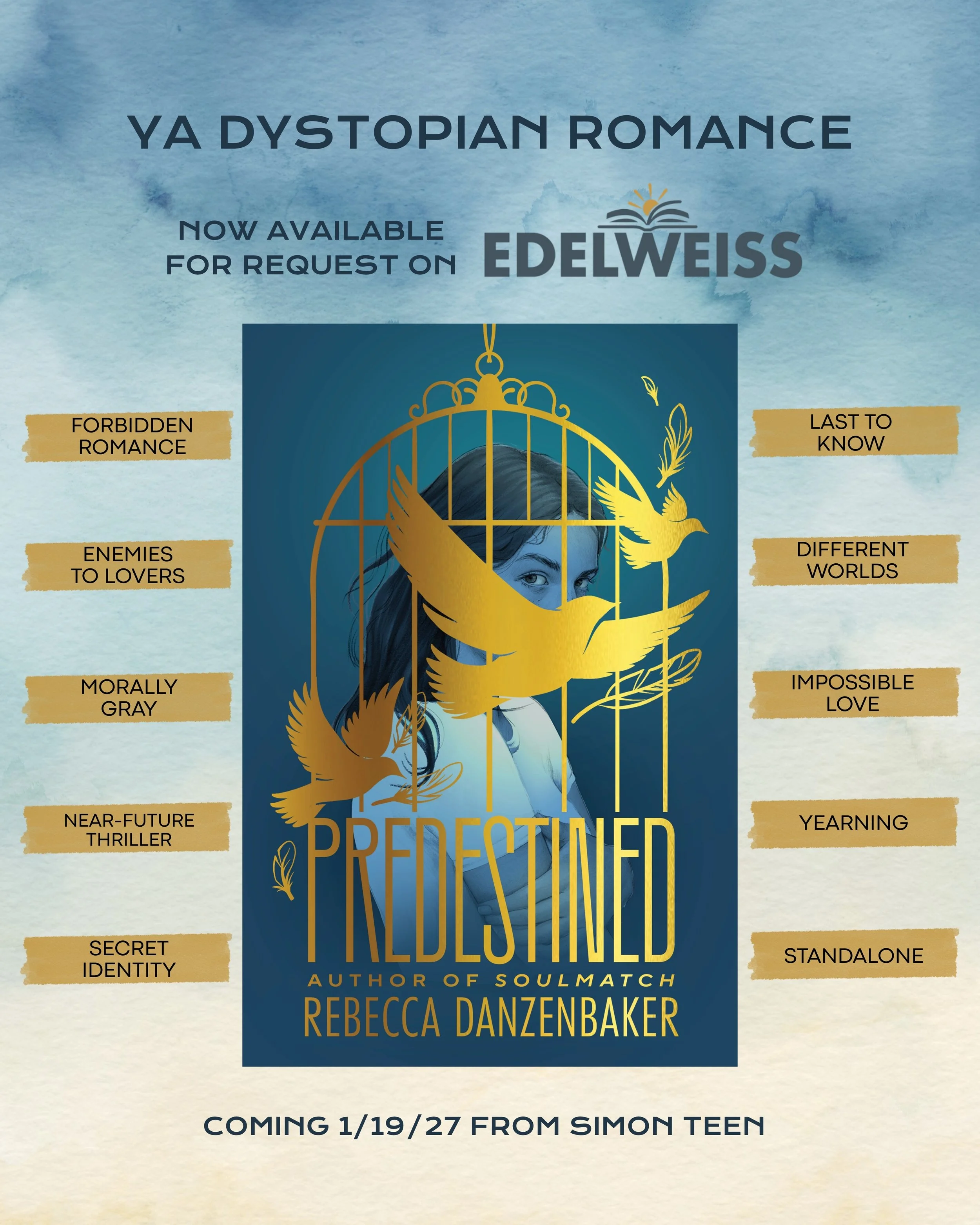 Predestined is now on Edelweiss. It's a YA dystopian enemies-to-lovers forbidden romance with a morally gray love interest. This near-future standalone thriller has the secret identity trope, last to know, different worlds, and impossible love!