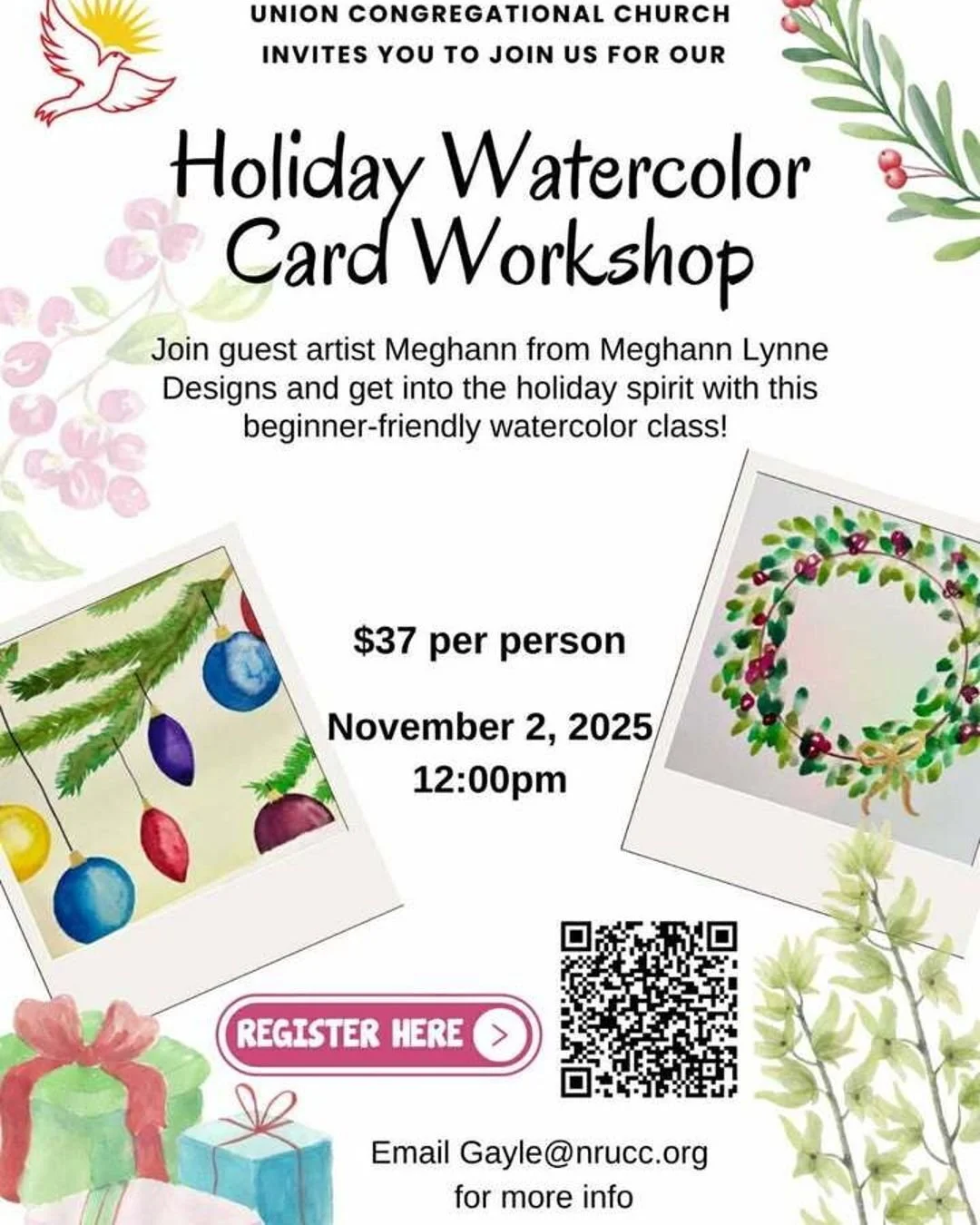 Join me this weekend for a relaxing painting class and leave with two finished holiday cards! We'll start with the basics of watercolor painting and then we'll paint two card fronts and finish them so you can leave with two complete pieces ready for 