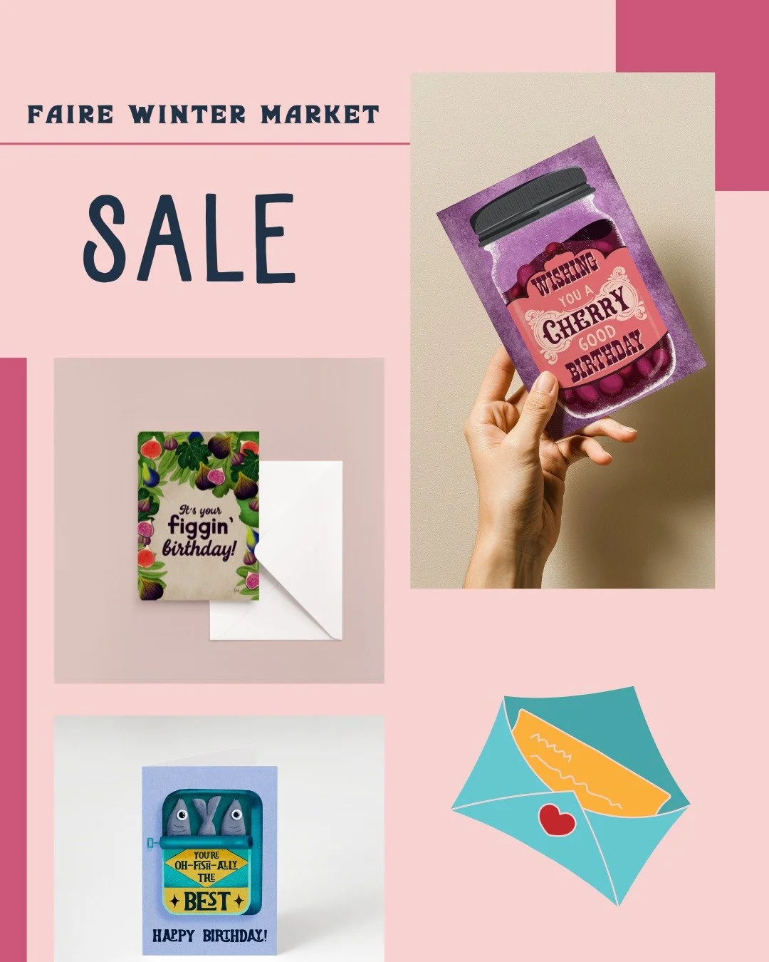 Hello and happy Faire Winter Market! ❄️💌
If you&rsquo;re browsing #FaireWinterMarket, come say hi to my collection of illustrated greeting cards &mdash; full of bright colors, heartfelt moments, and truly questionable puns (the good kind, I promise)