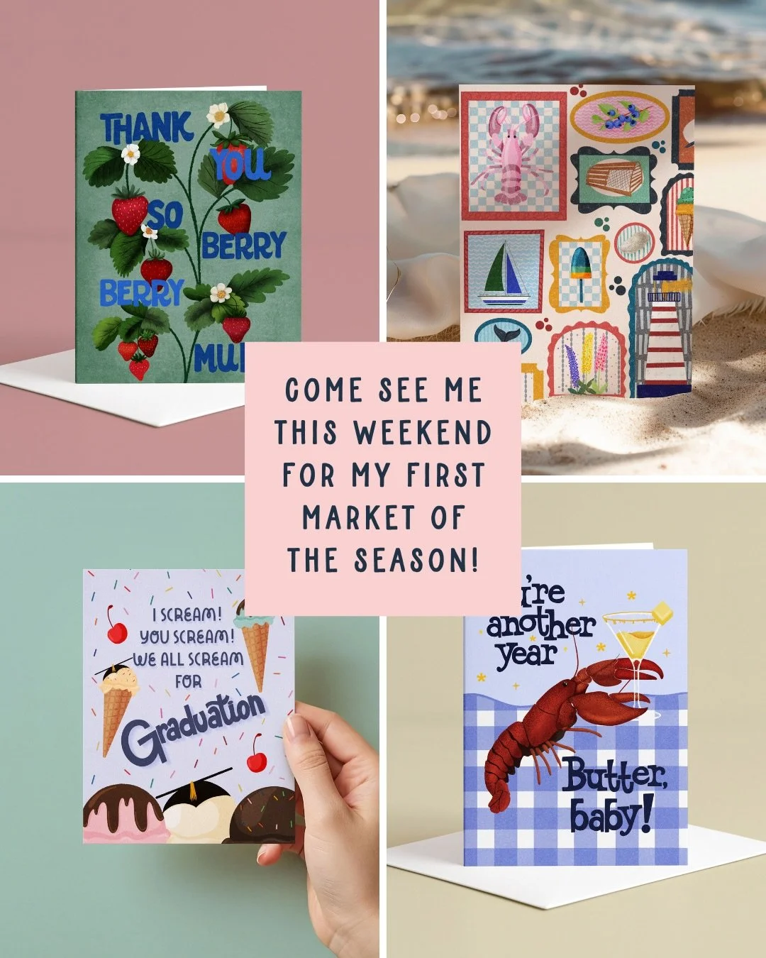 Hello studio friends!

First market of the season is THIS Sunday and I have genuinely been counting down ✨

There are new cards. There are mystery packs. There is me, extremely caffeinated, ready to watch you pick up a ridiculous lobster card and imm