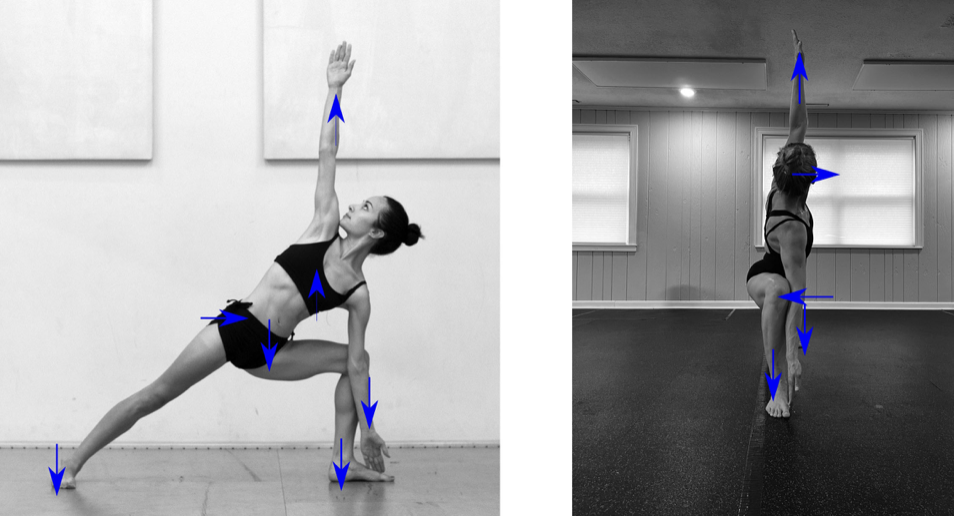 Side-by-side images of women performing yoga poses, with blue arrows indicating the directions of movement or body alignment in each pose.