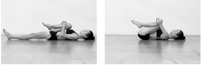 A woman demonstrates a yoga pose on the floor, lying on her back with her knees bent and hands holding her feet, showing different angles of the pose.