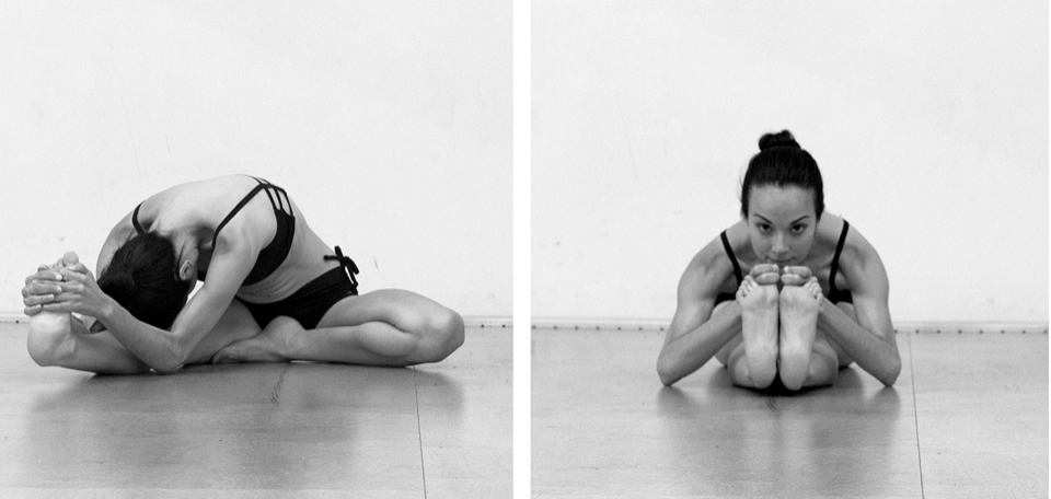A woman performing a seated forward bend yoga pose in two different views, one with her leaning forward with her arms wrapped around her legs and the other with her holding her ankles, both on a wooden floor against a plain white wall.