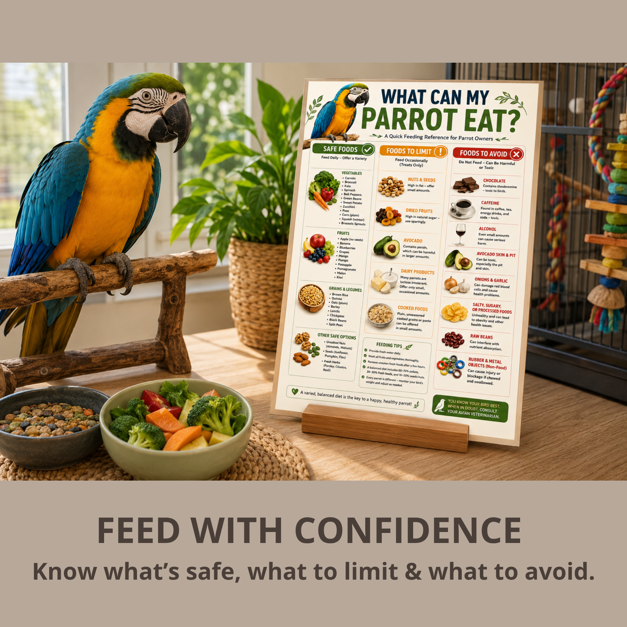 Parrot Safe Foods Chart printable showing foods to feed, limit and avoid